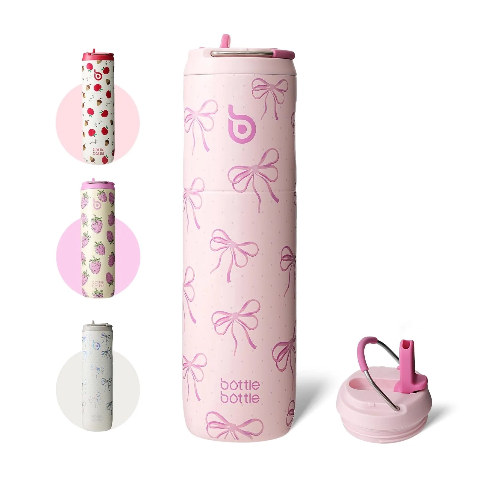 Insulated Water Bottle 24Oz with Straw Lid and Handle for Sports Travel Gym Stainless Steel Water Bottles Double-Wall Vacuum Metal Leak Proof Bpa-Free (Pink Bow)