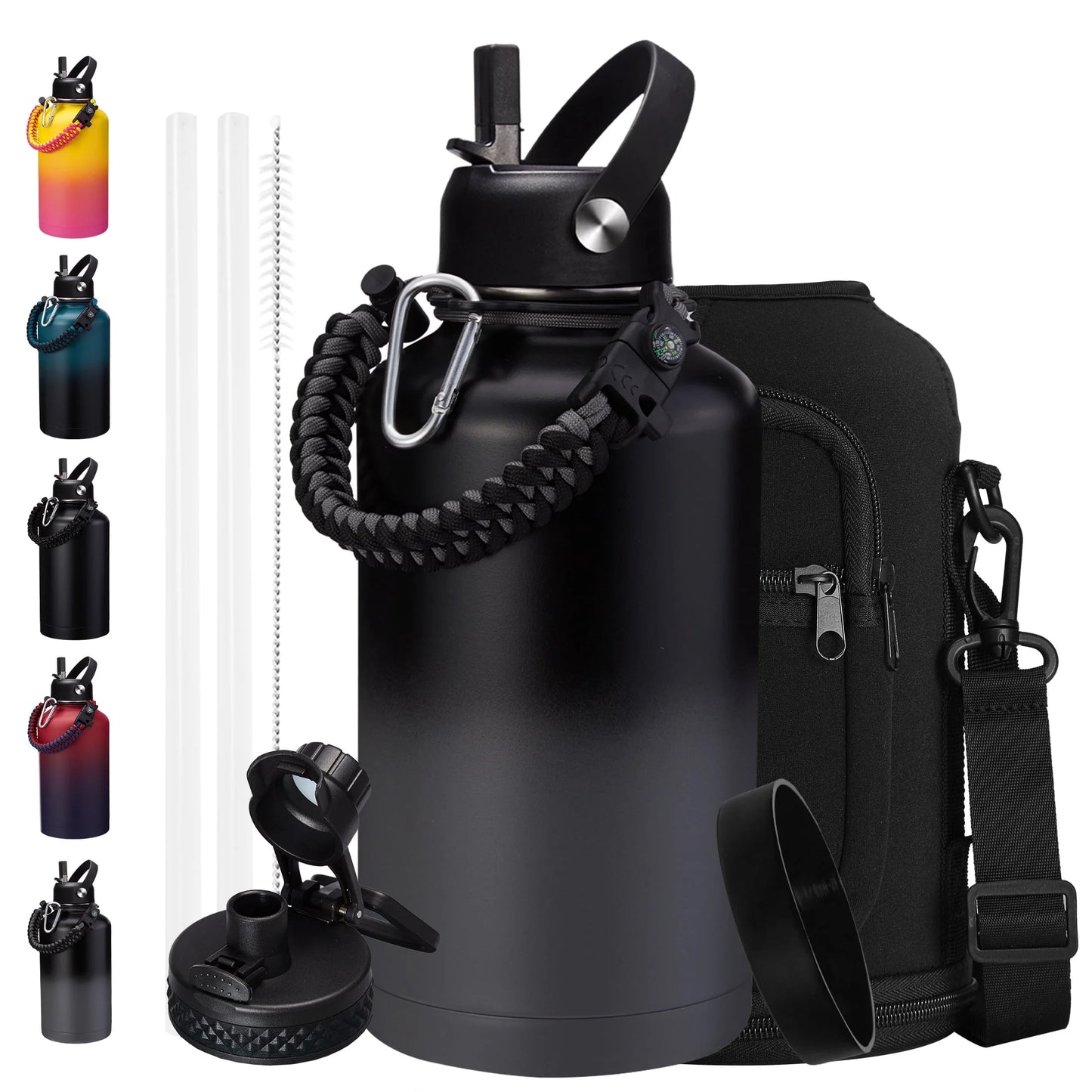 Half Gallon Insulated Water Bottle - 64 Oz Stainless Steel Water Bottles with Straw Spout Lid, Paracord Handle, Shoulder Carrier Bag, Leak Proof BPA Free Water Flask Jug, Keep Cold-48H & Hot-24H