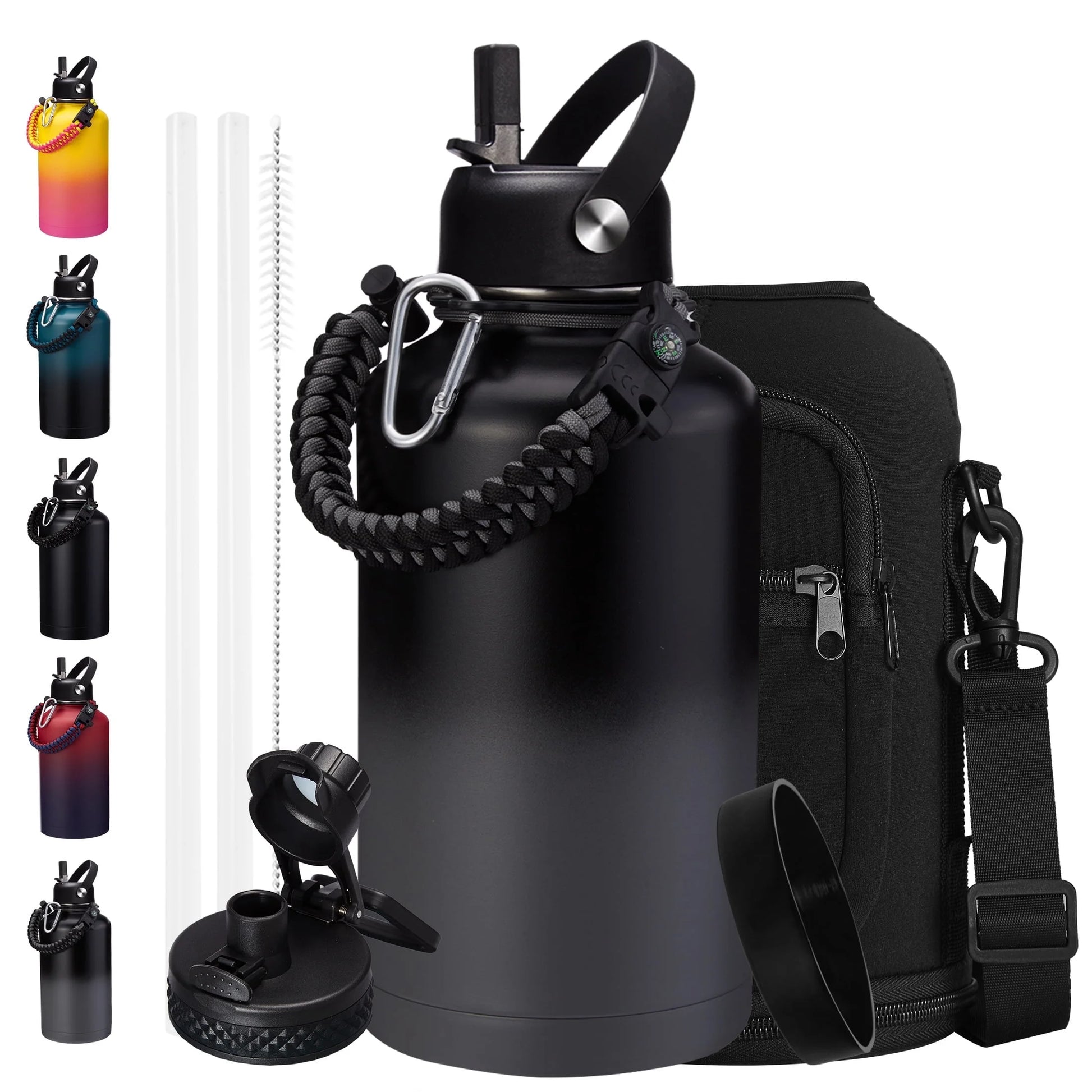 Half Gallon Insulated Water Bottle - 64 Oz Stainless Steel Water Bottles with Straw Spout Lid, Paracord Handle, Shoulder Carrier Bag, Leak Proof BPA Free Water Flask Jug, Keep Cold-48H & Hot-24H