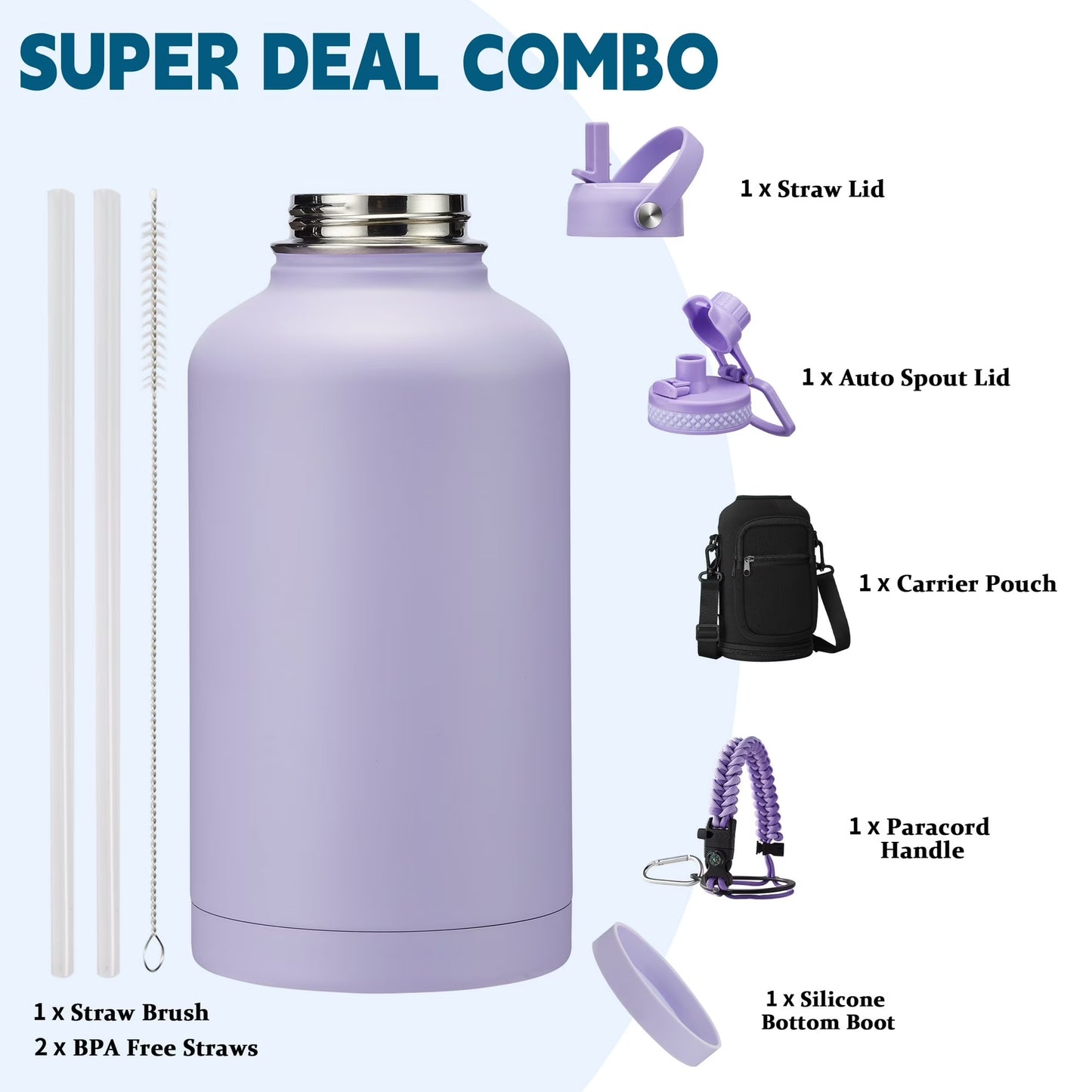 64 Oz Water Bottle Insulated Cold-48H Hot-24H, Stainless Steel Half Gallon Water Jug with Straw, Pop-Up Chug Lid, Carrier Bag, Paracord Handle, Leak-Proof Metal Flask