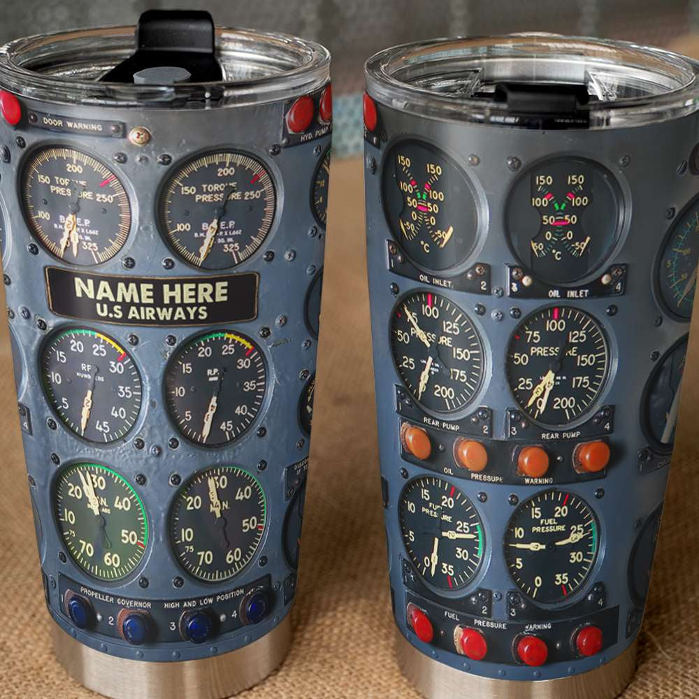 Custom Name Gifts for Pilot Tumbler Cup with Flight Instruments Panel