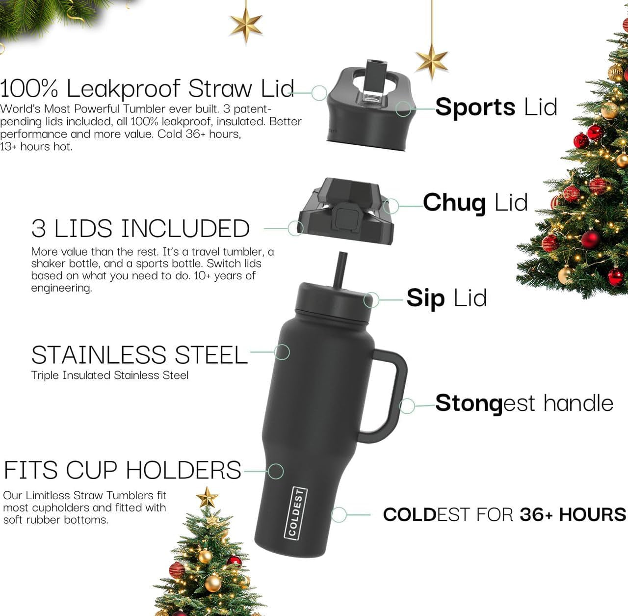 Coldest Tumbler with Handle and Straw, 100% Leak Proof Insulated Tumbler with Lid and Straw (3 Lids), Stainless Steel Tumblers for Women & Men, Cup Holder Friendly, 36 Oz (Across Universe)