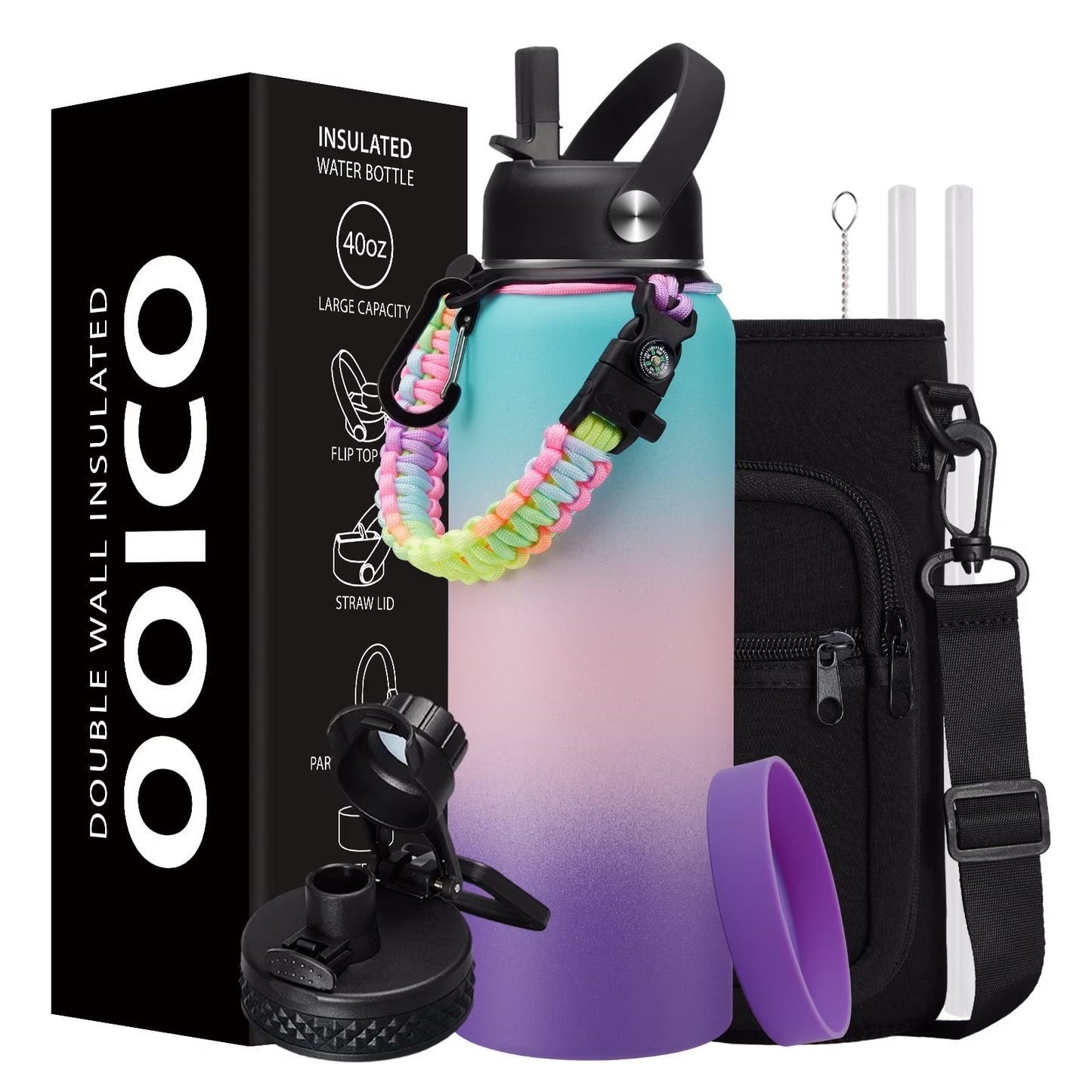 40 Oz Water Bottle Insulated - Vacuum Stainless Steel (Cold for 48 Hrs), Sports Water Bottle 40Oz with Straw & Spout Lids, Storage Carrier Bag, Paracord Handle, Jug Flask Boot