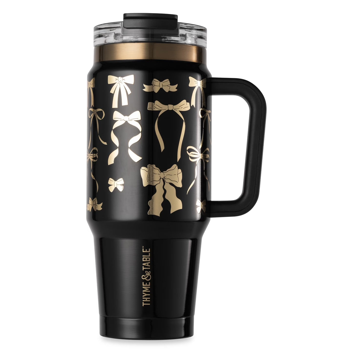 32 Fl Oz Stainless Steel Luna Tumbler with Handle and Dual Straw Lid, Black & Gold Bows