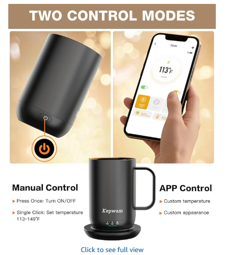 Kepwam Self-Heating Coffee Mug T1, 16oz - App-Controlled Smart Coffee Warmer with Advanced Temperature Control (White)