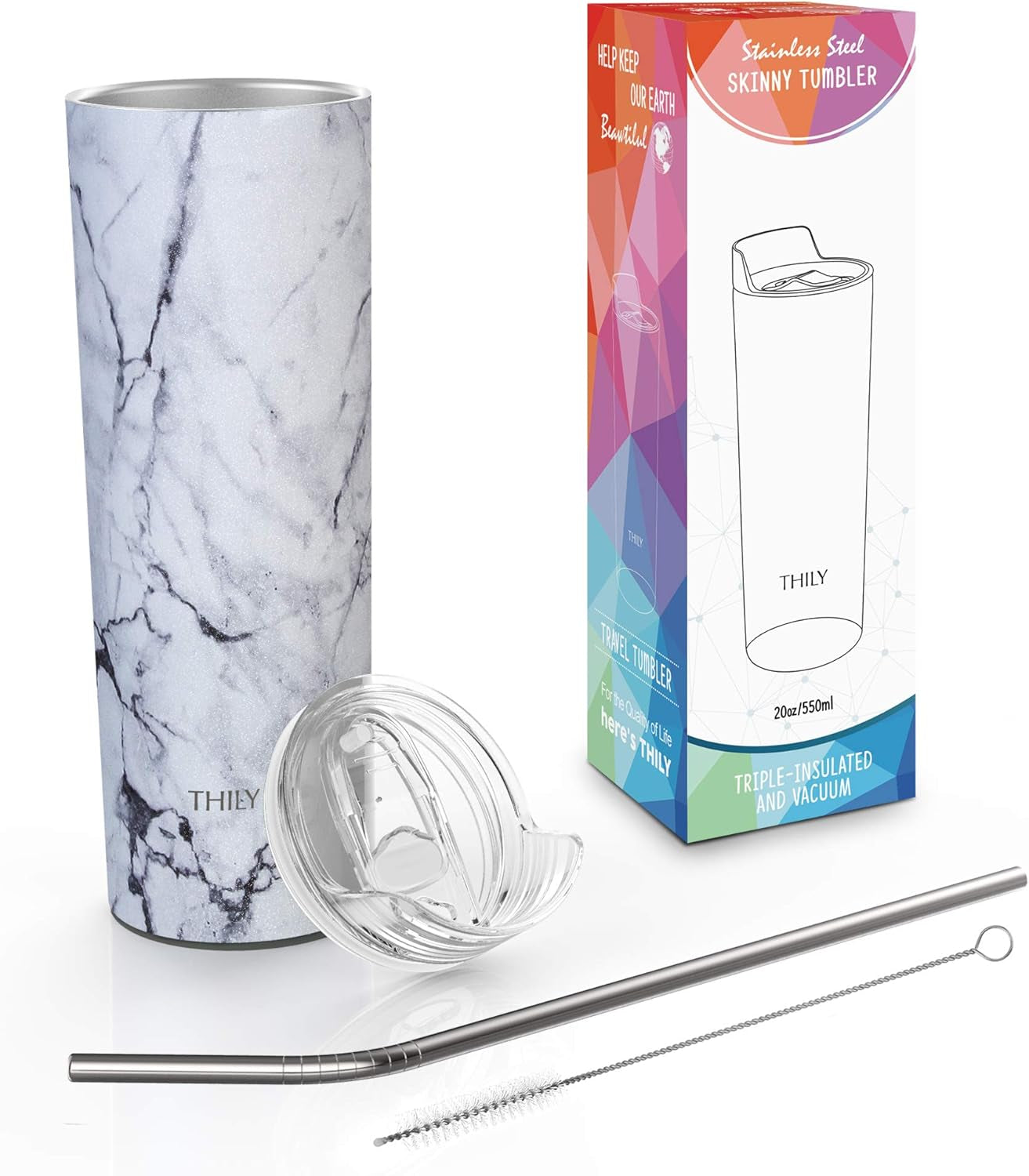 Stainless Steel Vacuum Insulated Tumbler 22 Oz Slim Coffee Cup with Lid and Straw, Spill-Proof, Keep Cold for Juice, Beverage, Christmas Gift, White Marble