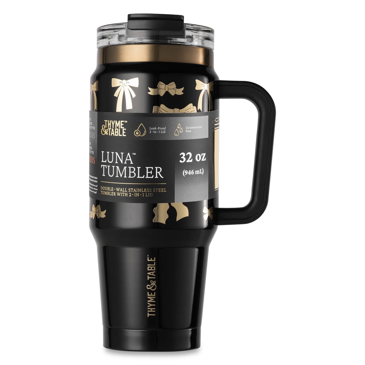 32 Fl Oz Stainless Steel Luna Tumbler with Handle and Dual Straw Lid, Black & Gold Bows