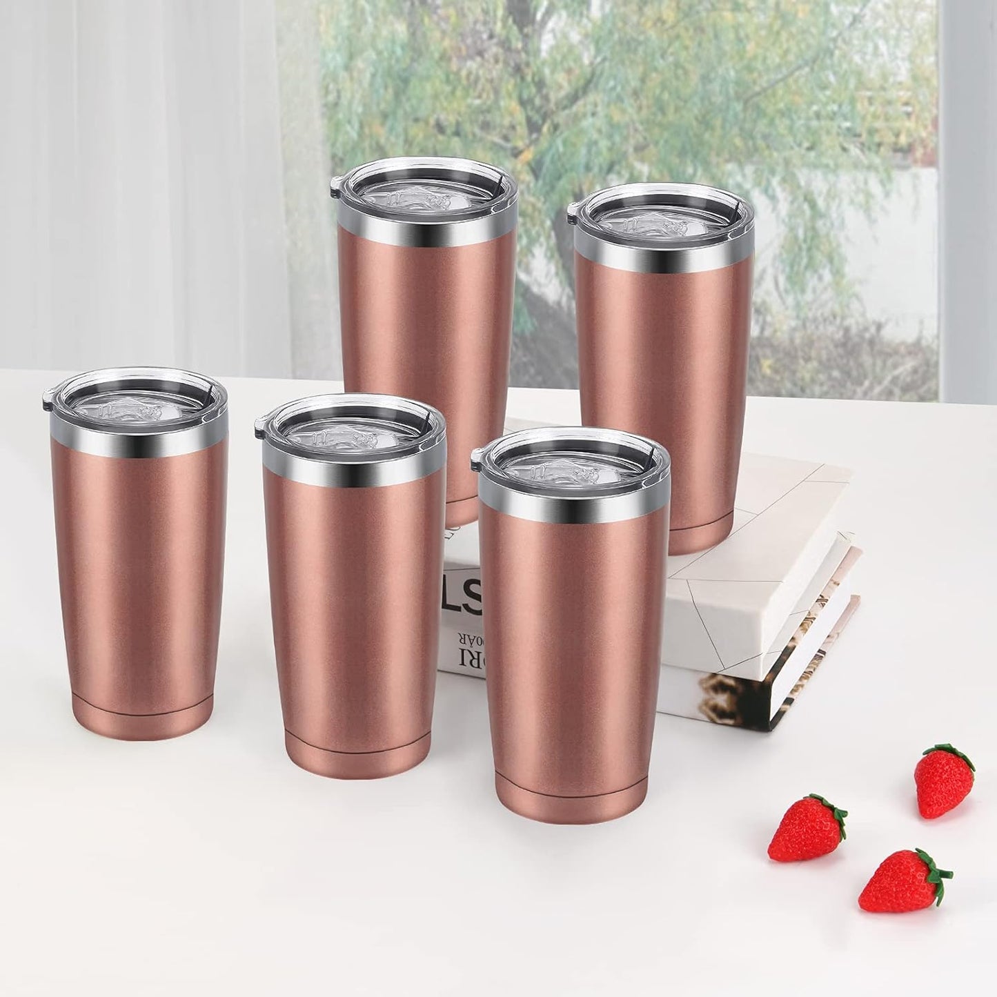 8 Pack Stainless Steel Travel Tumbler, 20 Oz Insulated Tumbler with Lid Straw, Double Wall Travel Tumbler for Home Office Picnic, Vacuum Insulated Coffee Tumbler Cup for Hot Cold Drinks, Rose Gold