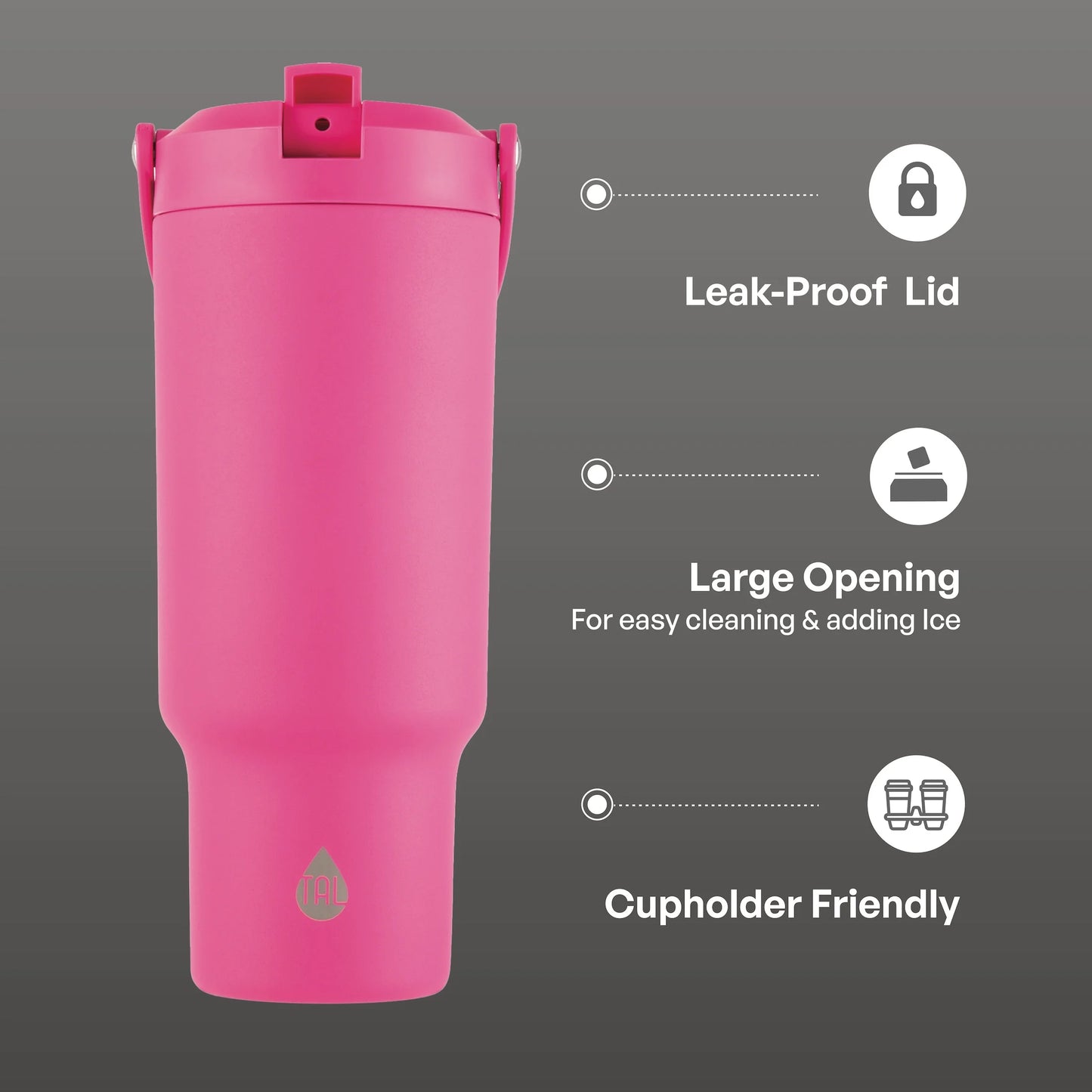 40Oz Stainless Steel Hudson Tumbler with Flip-Up Straw, Bright Pink