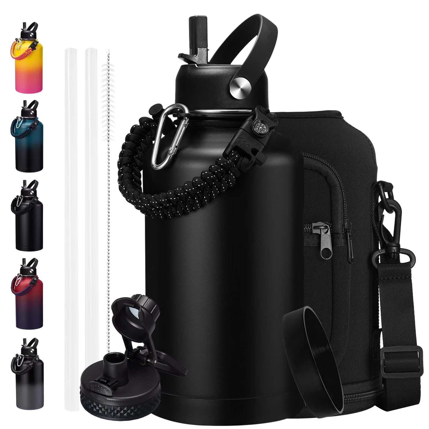 64 Oz Insulated Water Bottle with Straw & Auto Spout Lids,Paracord Handle,Strap Carrier & Protective Boot,Half Gallon Water Bottle,Wide Mouth Metal Canteen Thermo Flask,Leak-Proof Hydro Water Jug