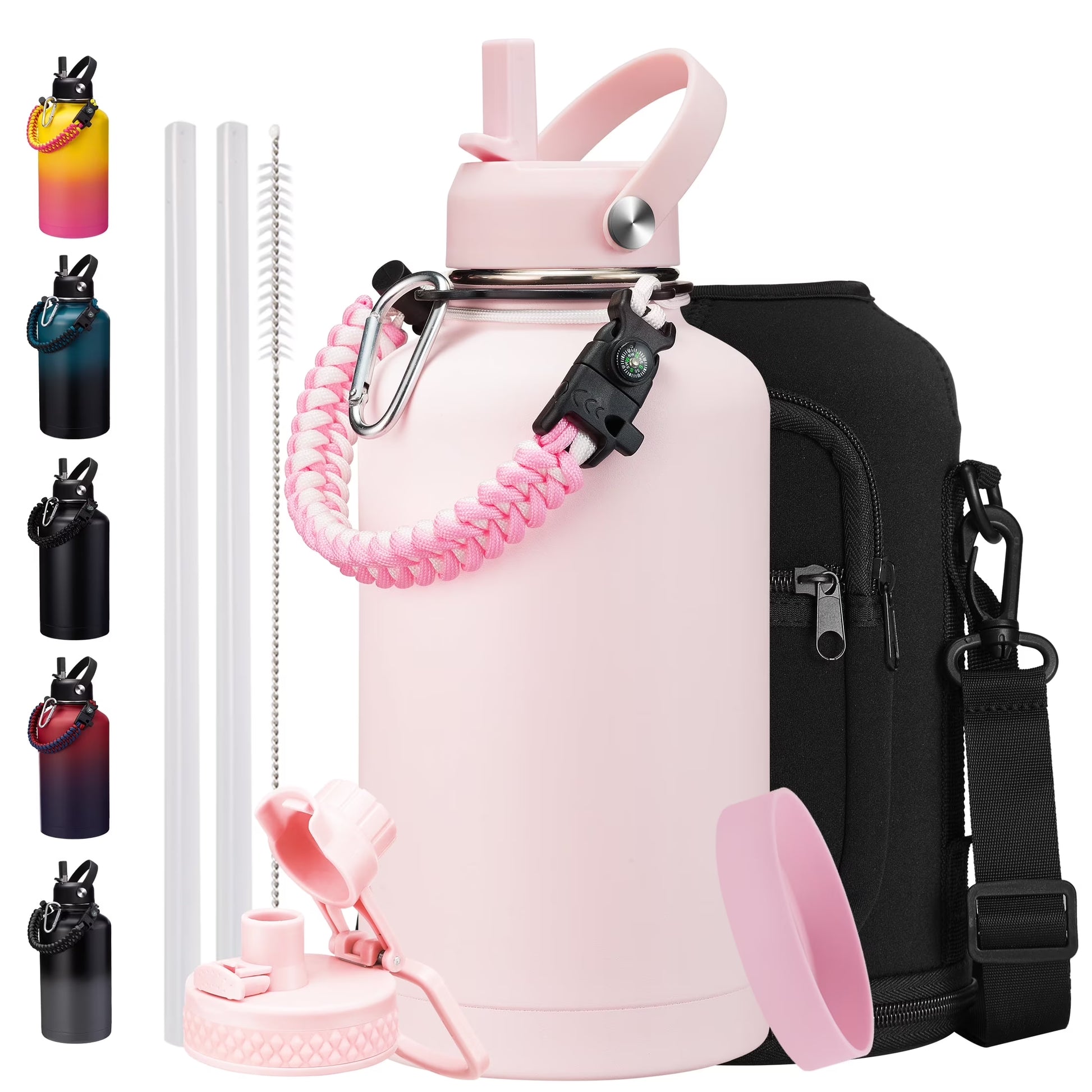 Half Gallon Water Bottle Insulated, Stainless Steel (Cold 48H), 64 Oz Water Jug with Paracord Handle, Straw Spout Lids, Carrier Case, Leak-Proof Metal Flask for Women