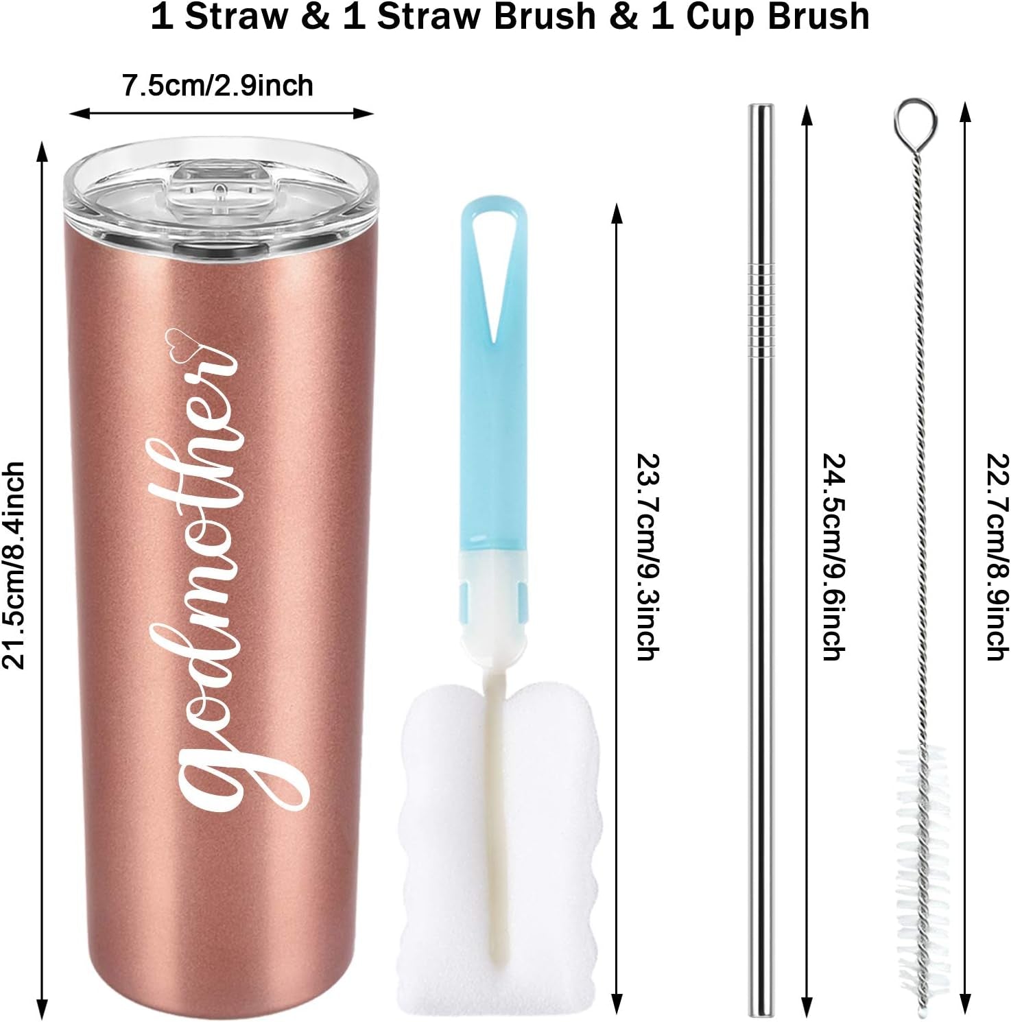 Godmother Stainless Steel Skinny Tumbler, Mother'S Day Insulated Travel Tumbler, 20Oz Water Tumbler with Lid and Straw, Godmother Gift for Mother'S Day, Birthday, Christmas, Baptism, Rose Gold