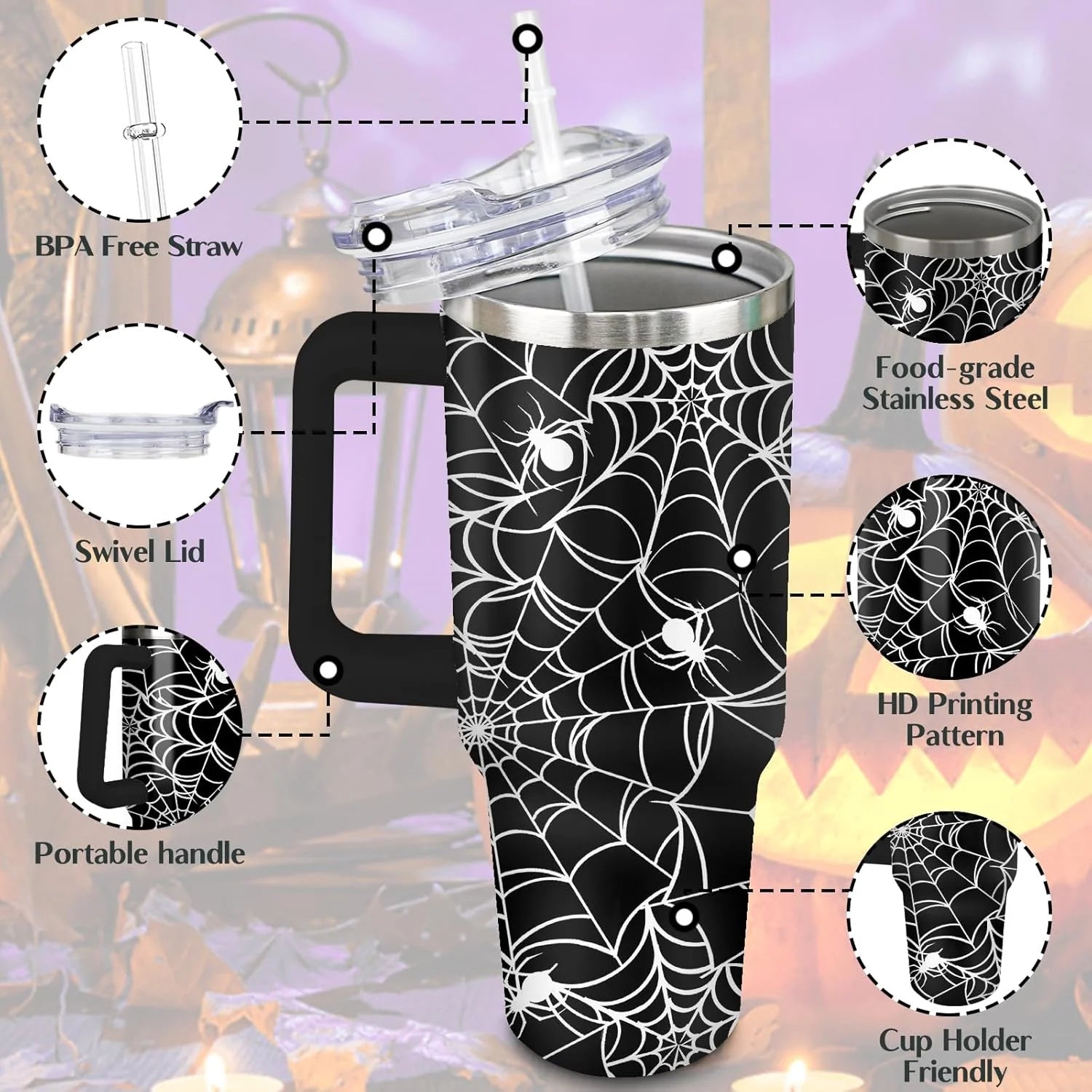 Halloween Tumbler 40 Oz Halloween Tumblers with Handle and Straw Spider Web Stainless Steel Insulated Coffee Cups Mugs Halloween Gifts Stuff for Women Girls