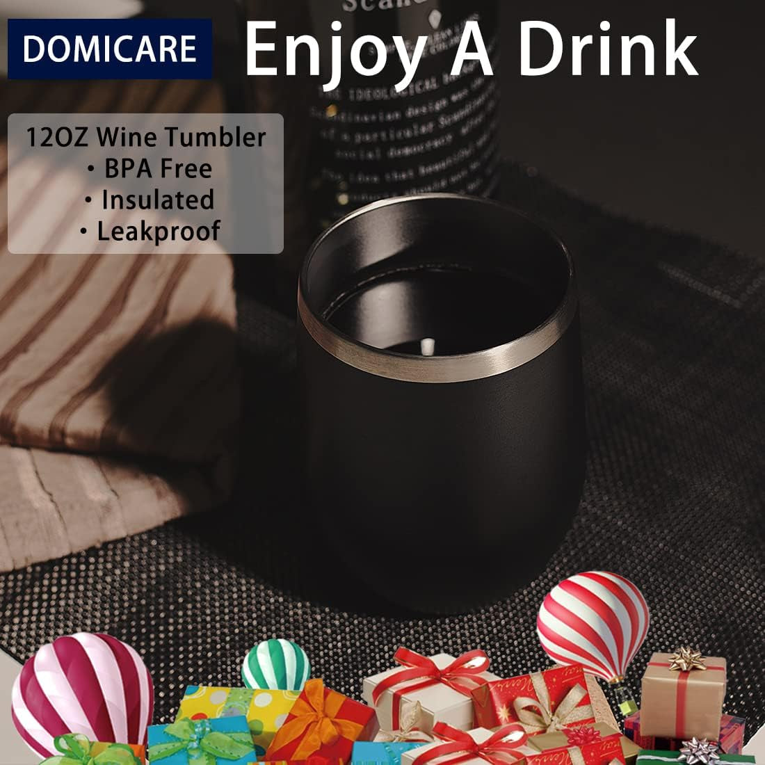 Stainless Steel Wine Tumbler Bulk with Lid, Personalized Insulated Tumblers Set, 12Oz Travel Coffee Cups Pack of 12, Black
