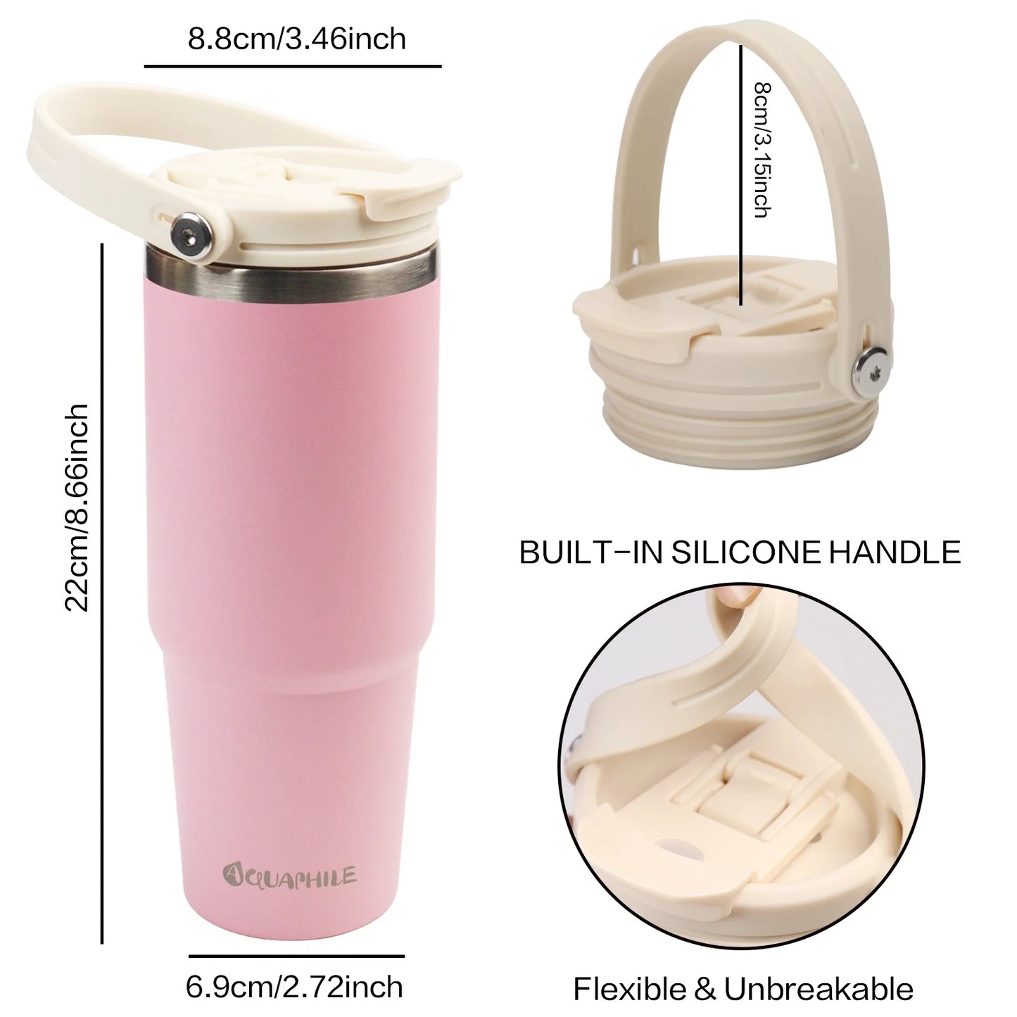 30 Oz Insulated Water Bottles with Straw Lid, Double Walled Vacuum Stainless Steel Travel Tumbler with Handle and Straw, Wide Mouth Thermos Bottle, Pink