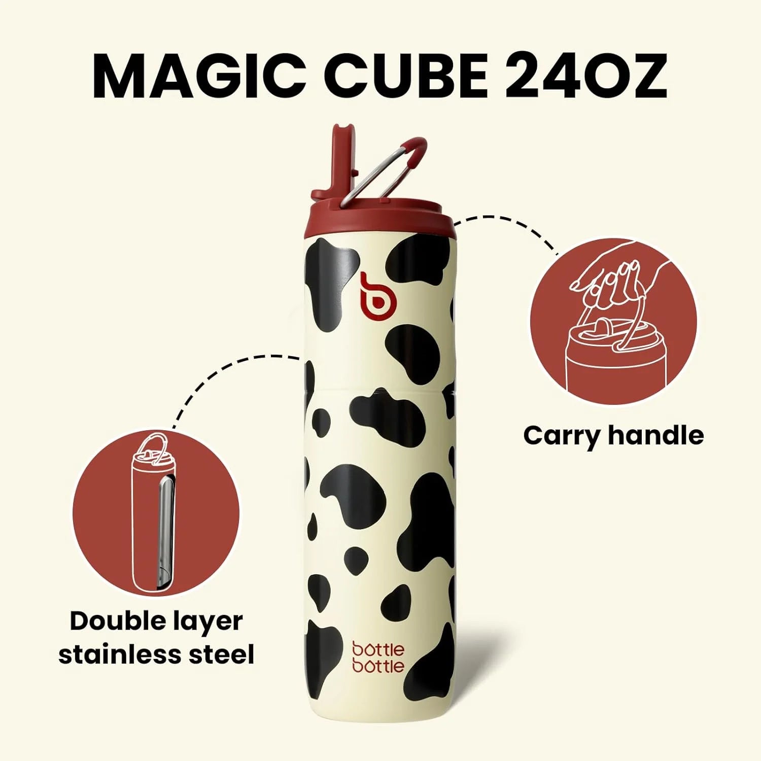 Insulated Water Bottle 24Oz with Straw Lid and Handle for Sports Travel Gym Stainless Steel Water Bottles Double-Wall Vacuum Metal Leak Proof Bpa-Free Light Cow