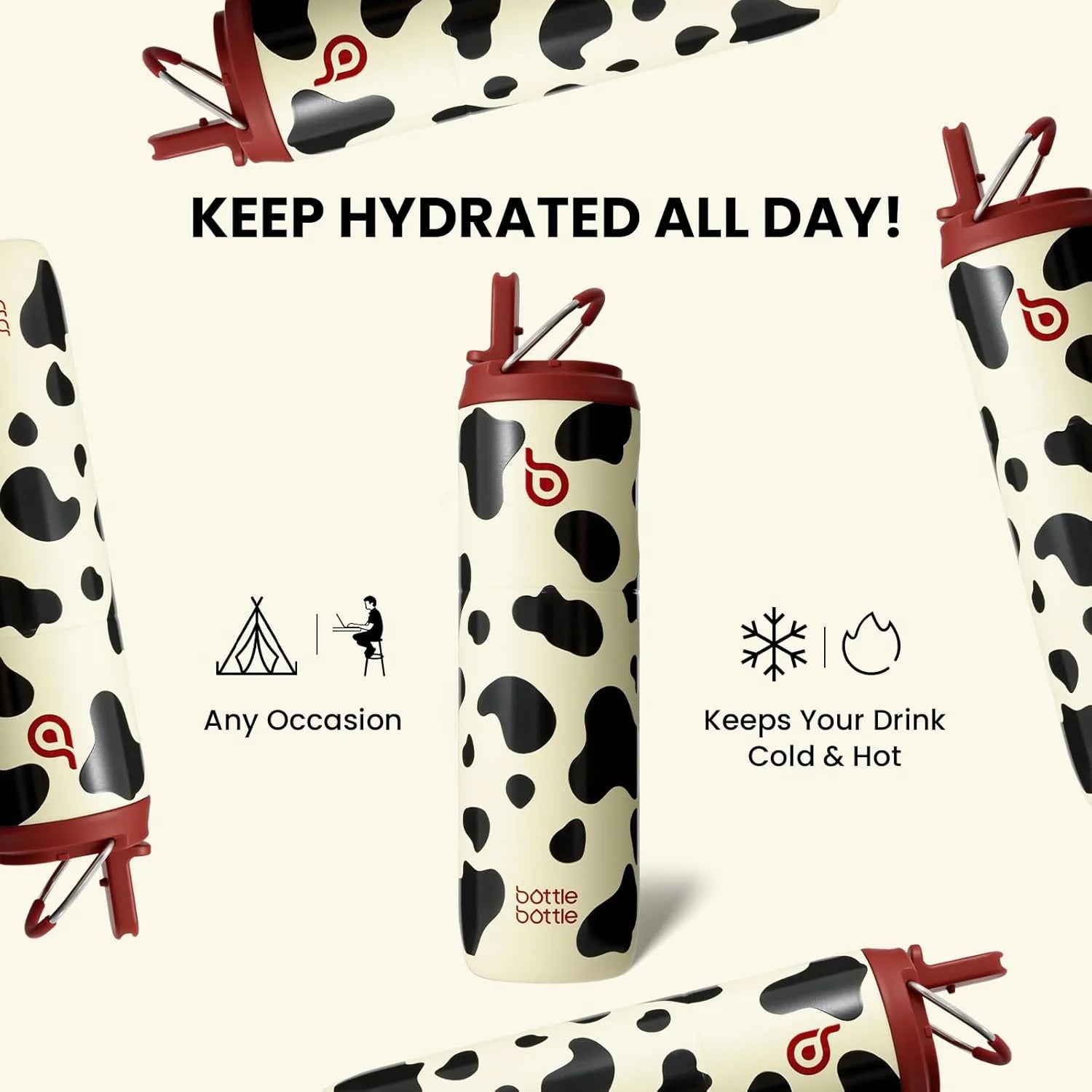 Insulated Water Bottle 24Oz with Straw Lid and Handle for Sports Travel Gym Stainless Steel Water Bottles Double-Wall Vacuum Metal Leak Proof Bpa-Free Light Cow