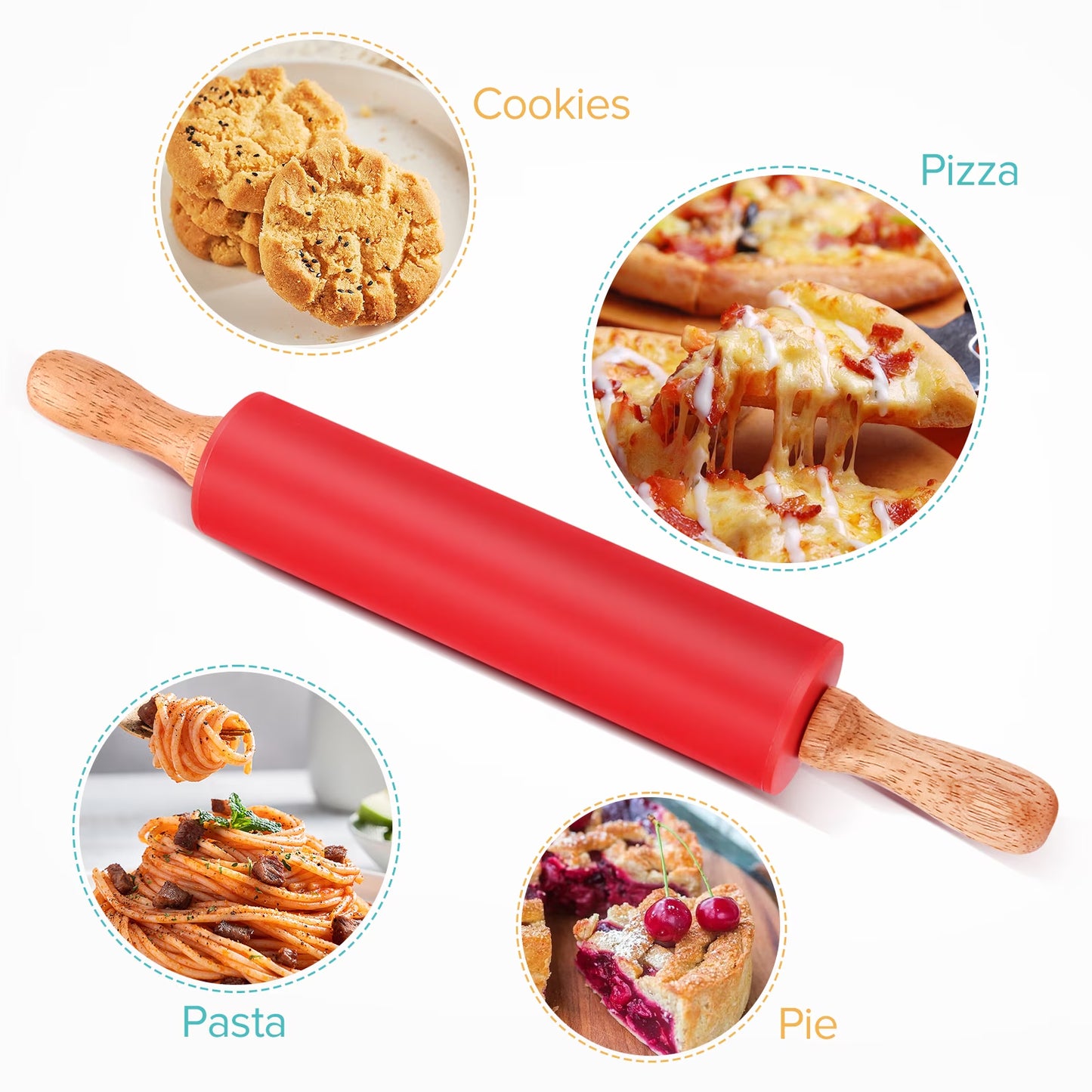 Badiano 2 Pcs Non Stick Wooden Handle 9" 12" Silicone Rolling Pin Sets for Dough Pizza Pastry, Red