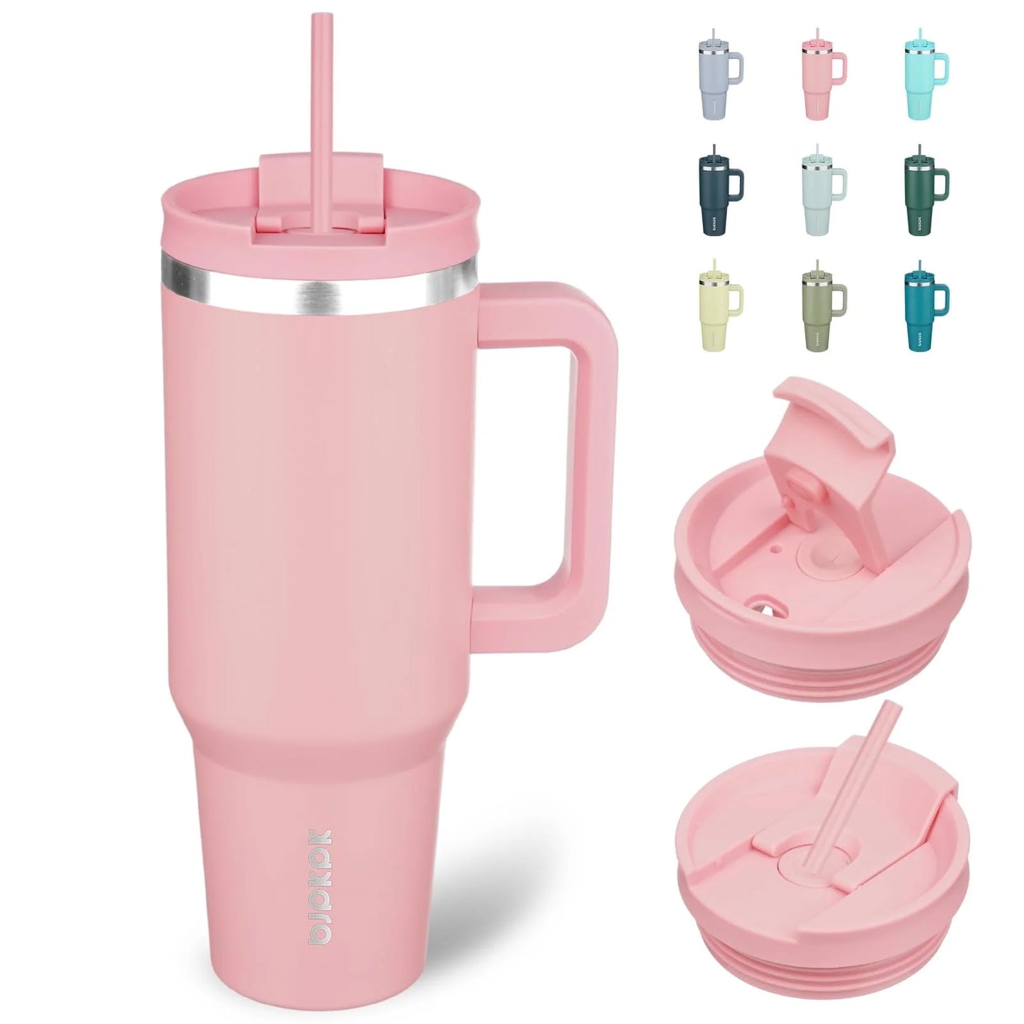 Insulated Tumblers with Handle and Straw 40 Oz Stainless Steel Tumbler Cups with Lid,Light Pink
