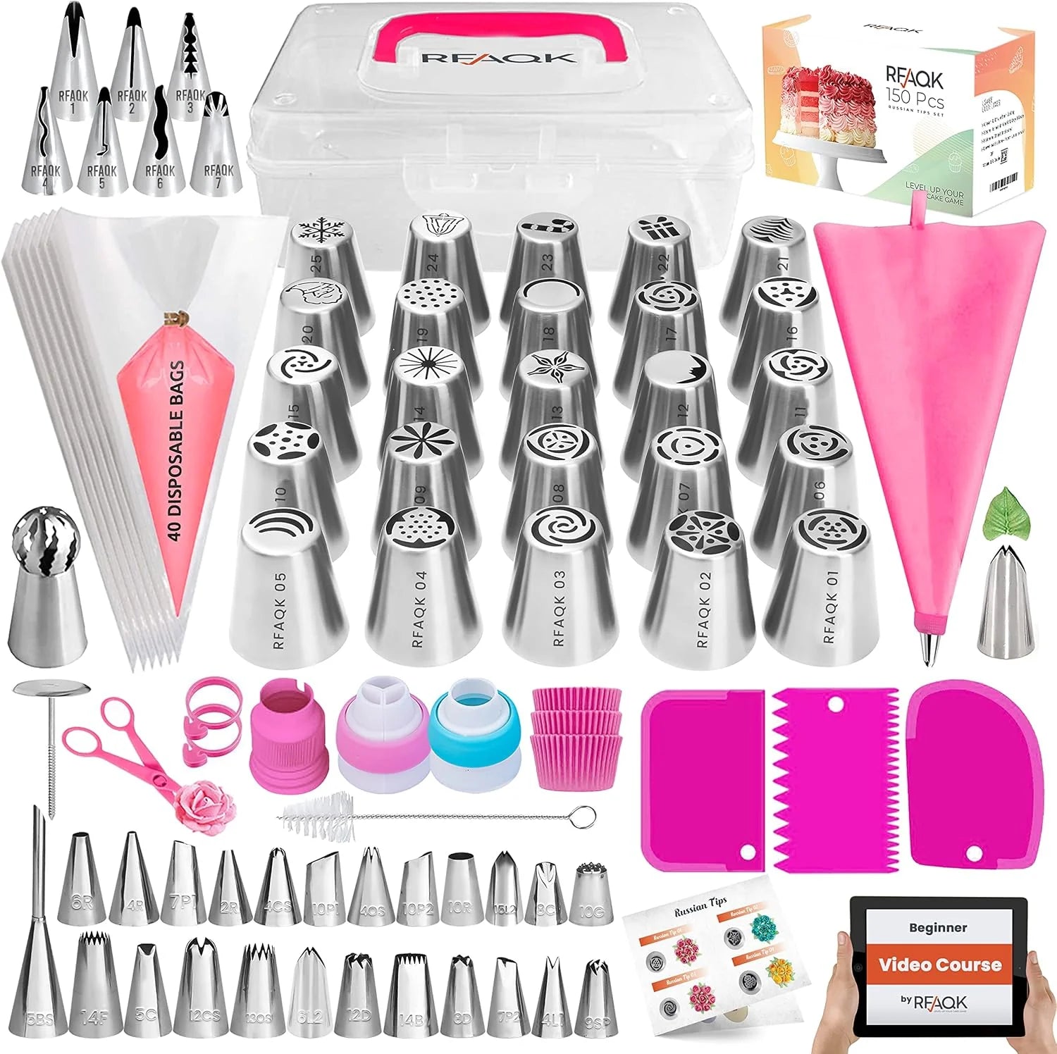 150Pcs Russian Piping Tips for Cake Decorating - Piping Bags and Tips Set Include 25 Extra Large Russian Tips,31 Icing Tips, 41 Pastry Bags & Other Frosting Tools for Cookie, Cupcake & Cake Decoration