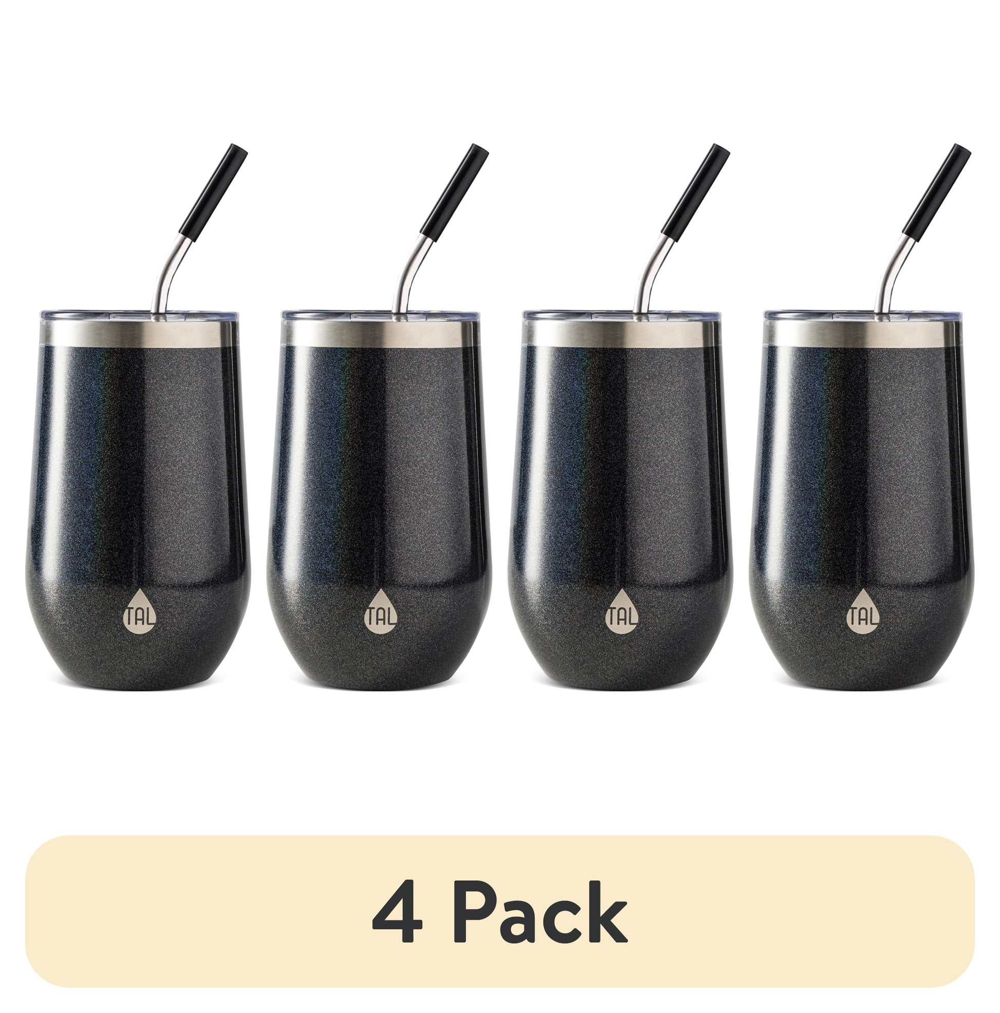 16Oz Stainless Steel Wine Tumbler with Straw, Black Shimmer