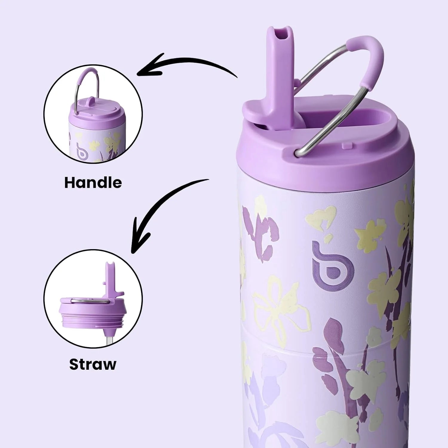 Insulated Water Bottle 24Oz with Straw Lid and Handle for Sports Travel Gym Stainless Steel Water Bottles Double-Wall Vacuum Metal Leak Proof Bpa-Free (Purple Grown)
