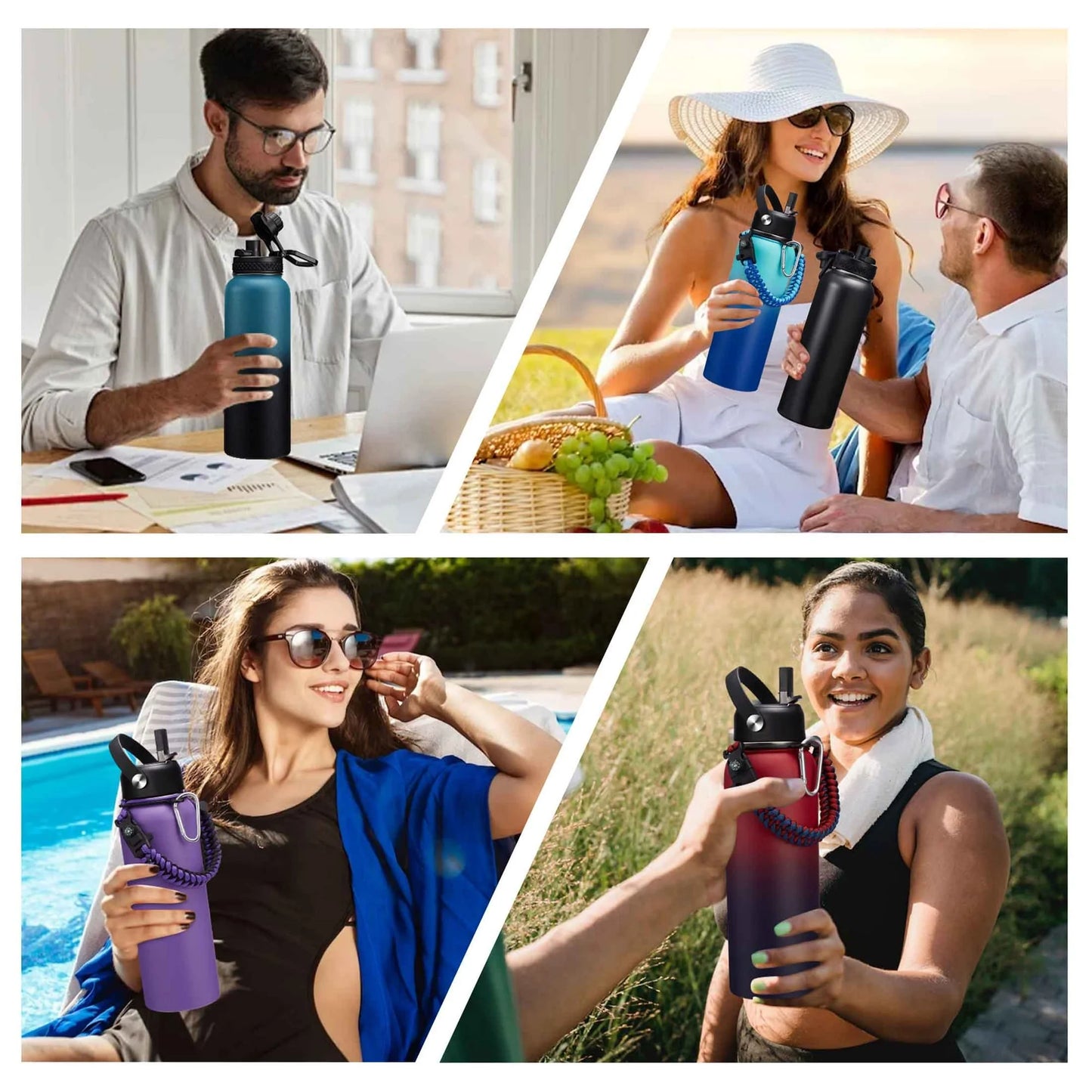 40 Oz Insulated Water Bottles with Straw Spout Lids, Stainless Steel Water Bottle with Shoulder Carrier Bag, Paracord Handle, Protective Boot, Wide Mouth Water Flask Sports Water Jug for Men Women