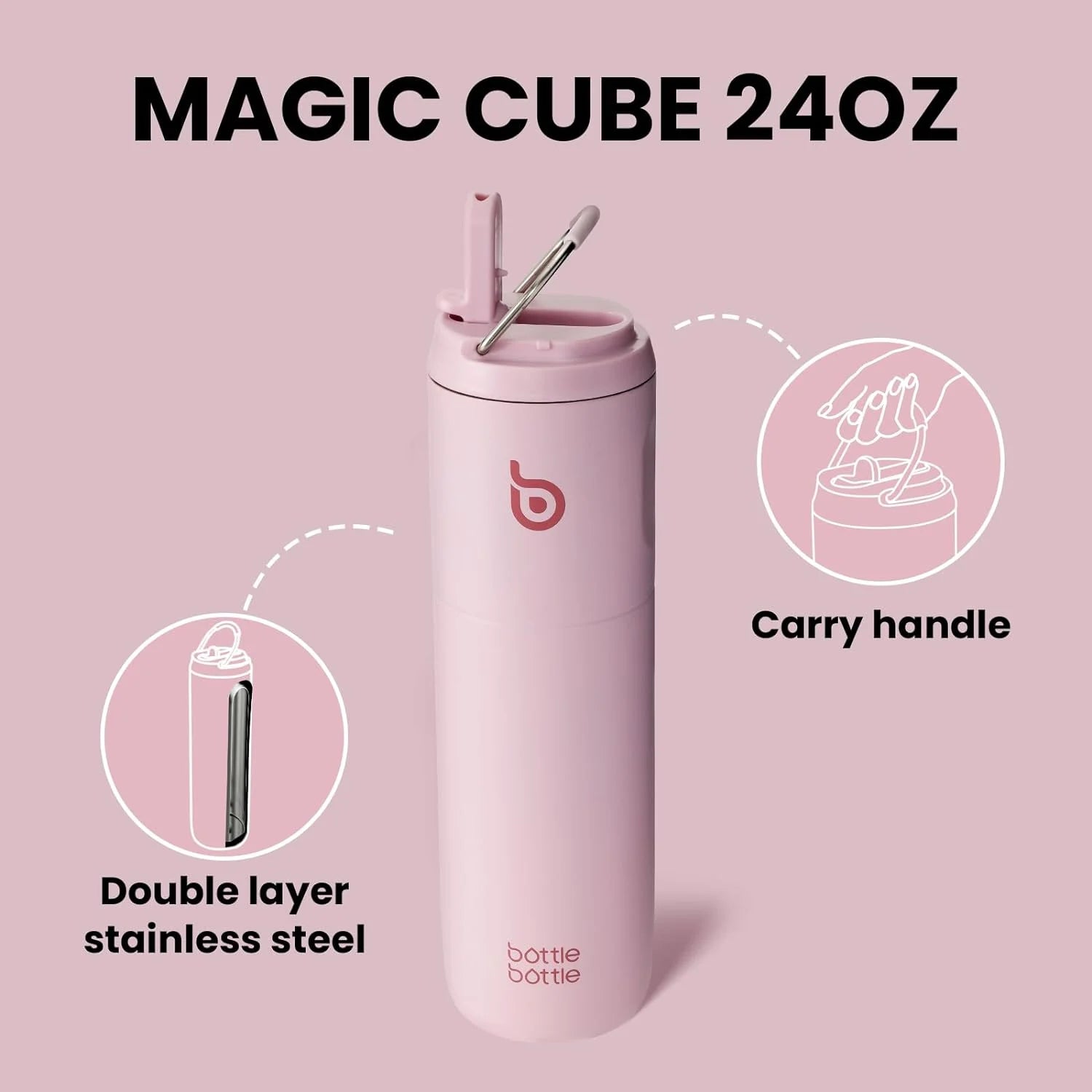 Insulated Water Bottle 24Oz with Straw Lid and Handle for Sports Travel Gym Stainless Steel Water Bottles Double-Wall Vacuum Metal Leak Proof Bpa-Free Light Pink