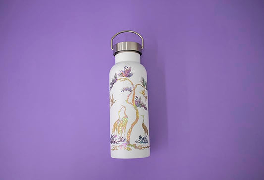 Mother of Pearl Design Stainless Steel Water Bottle 17 oz Leakproof Screw Cap Metal Handle Lid Wide Mouth Double Wall Vacuum Insulated Travel Sport Water Flask Thermo Mug (Crane Pine White)