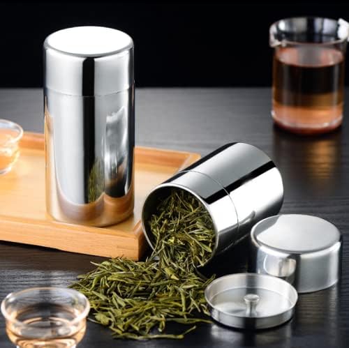 AUNMAS Tea Tin Canister, Stainless Steel Tea Coffee Sugar Storage Container with Airtight Double Lids for Loose Tea and Tea Bags, Kitchen Cup for Coffee Sugar Seasoning Storage (450ml)