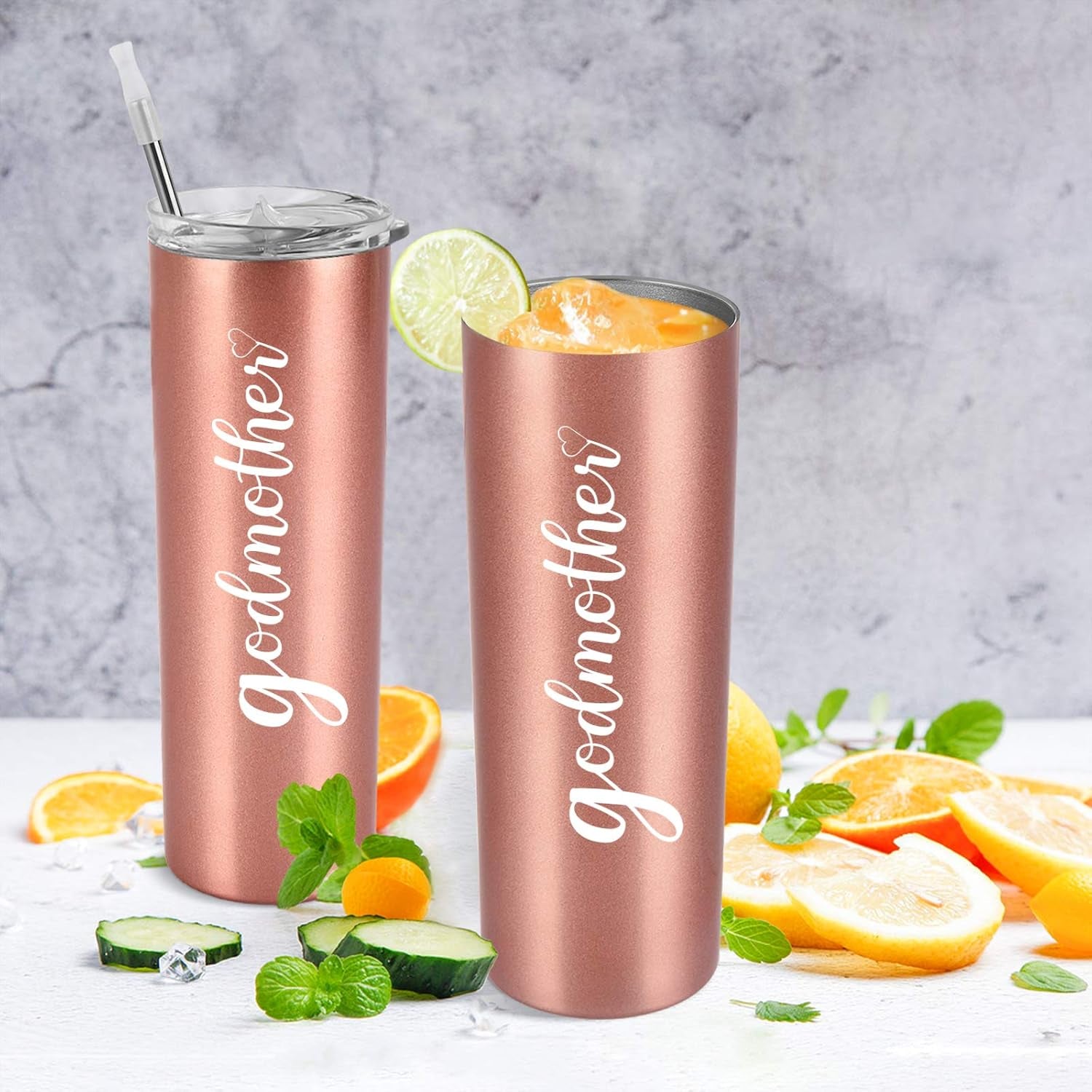 Godmother Stainless Steel Skinny Tumbler, Mother'S Day Insulated Travel Tumbler, 20Oz Water Tumbler with Lid and Straw, Godmother Gift for Mother'S Day, Birthday, Christmas, Baptism, Rose Gold