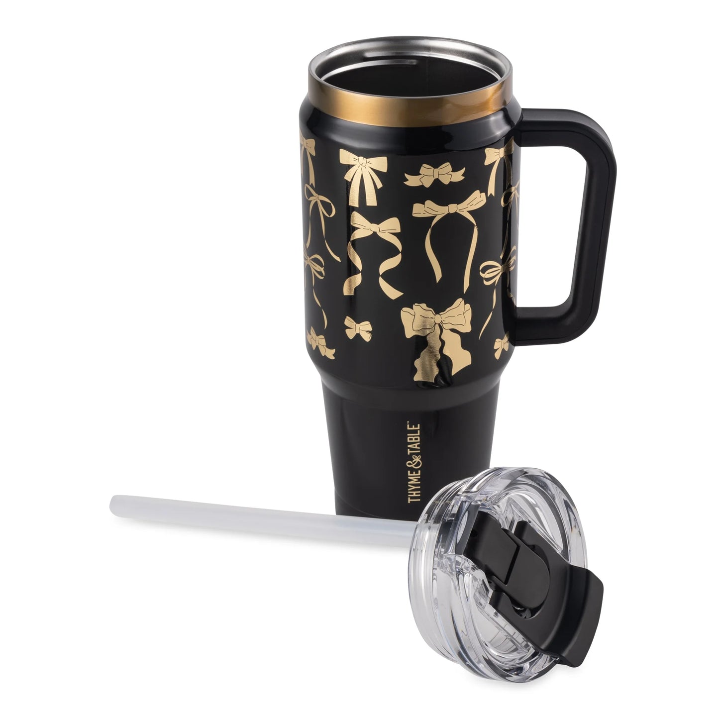 32 Fl Oz Stainless Steel Luna Tumbler with Handle and Dual Straw Lid, Black & Gold Bows