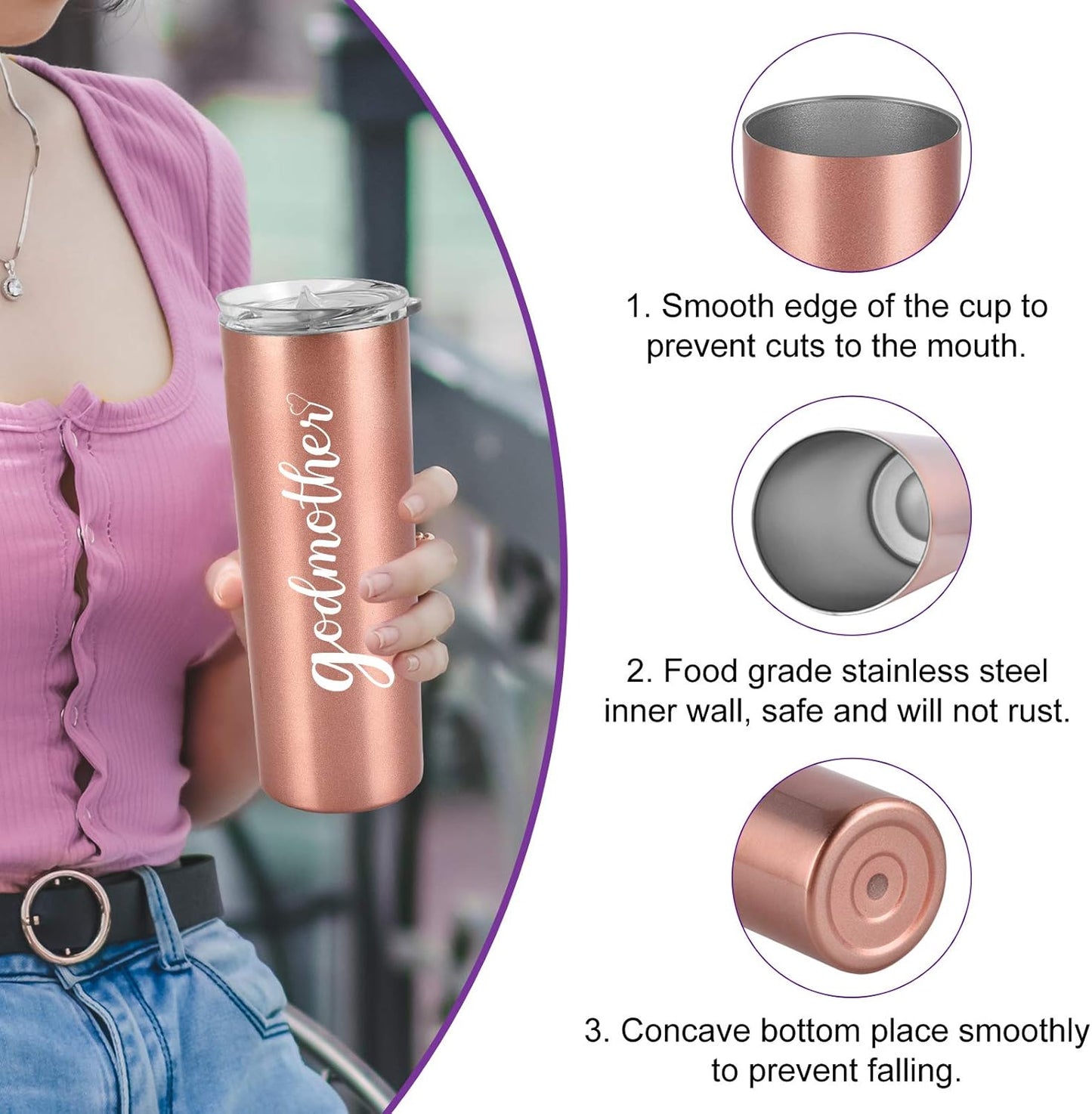 Godmother Stainless Steel Skinny Tumbler, Mother'S Day Insulated Travel Tumbler, 20Oz Water Tumbler with Lid and Straw, Godmother Gift for Mother'S Day, Birthday, Christmas, Baptism, Rose Gold