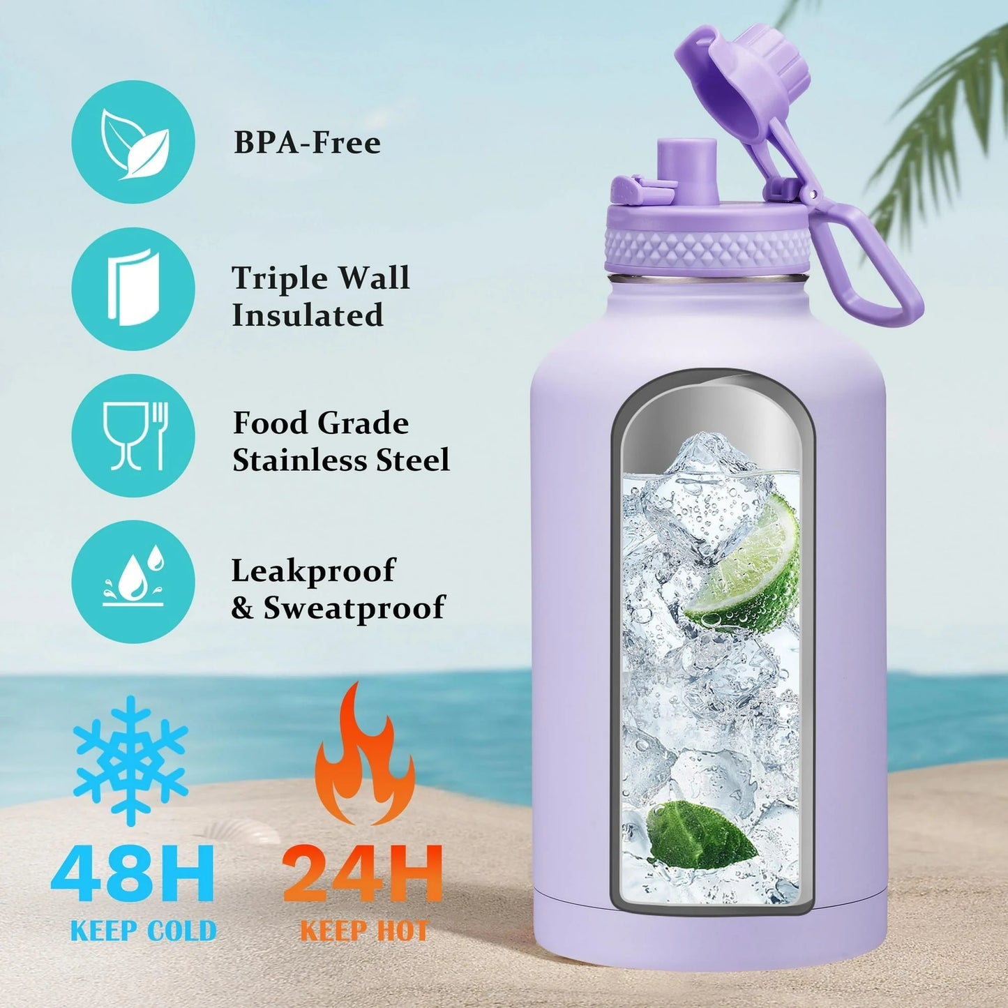 Half Gallon Water Bottle with Straw & Spout Lid, Carrying Pouch, Paracord Handle, 64Oz Water Bottle Triple Wall Thermal Sweat-Proof Gallon Water Jug