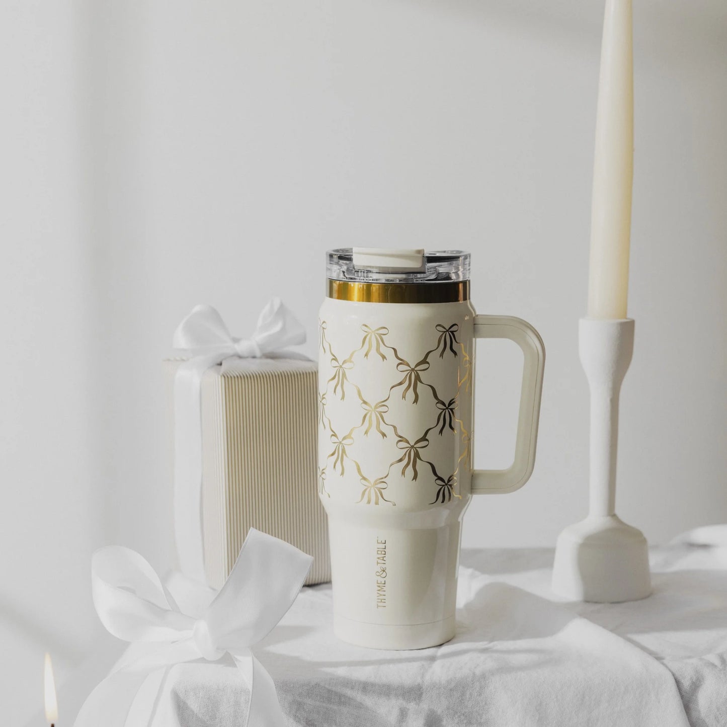 32Oz Stainless Steel Luna Tumbler with Handle and Dual Straw Lid, Cream Bow