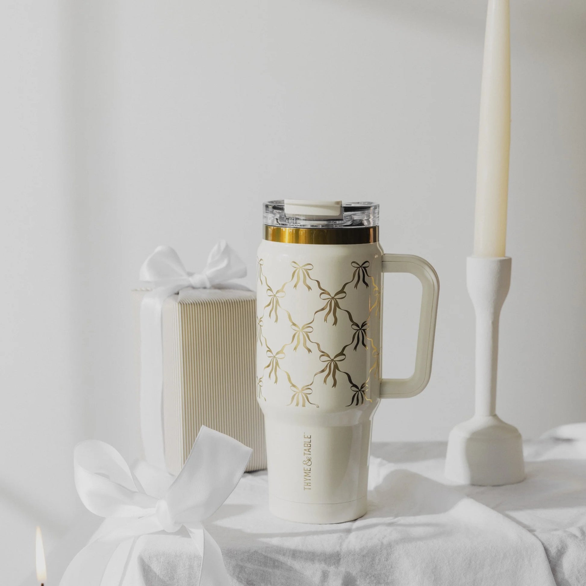 32Oz Stainless Steel Luna Tumbler with Handle and Dual Straw Lid, Cream Bow