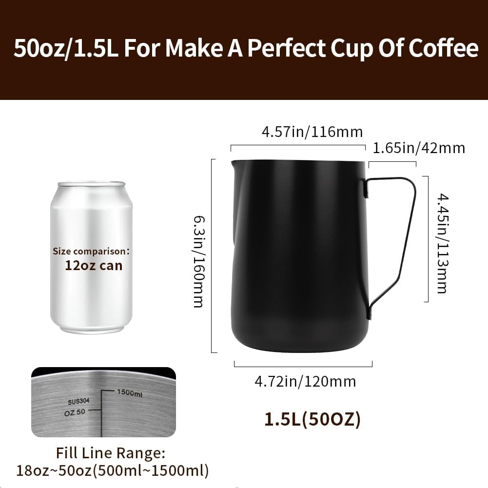 watchget Milk Frothing Pitcher 50oz/1500ml - Stainless Steel Espresso Steaming Pitcher for Cappuccino, Latte Art, Coffee Machine Accessories Milk Jug Frother Cup, Black
