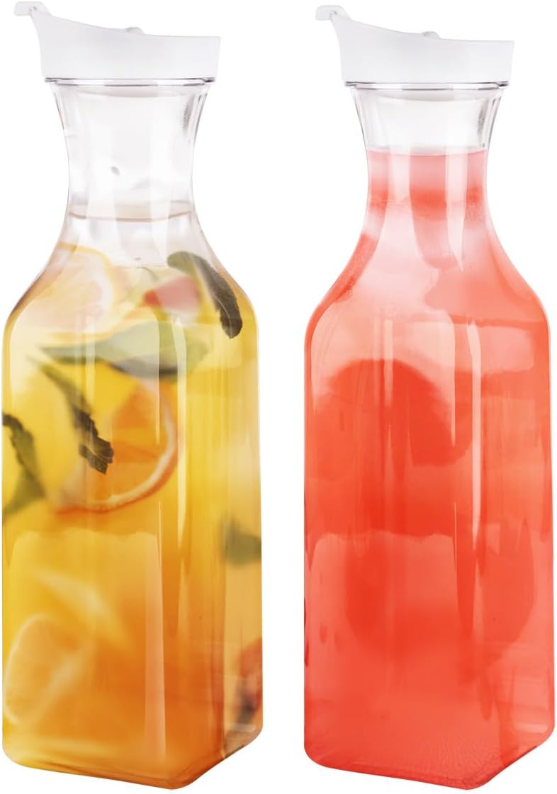 GUSTO [50 oz - 2 Pack] Plastic Carafe with Lid, Large Capacity Square Base - Clear Pitcher with Flip Top Lid, Easy-Pour Spout Juice Containers with Lids, Hand Wash Only - Perfect for Mimosa Bar