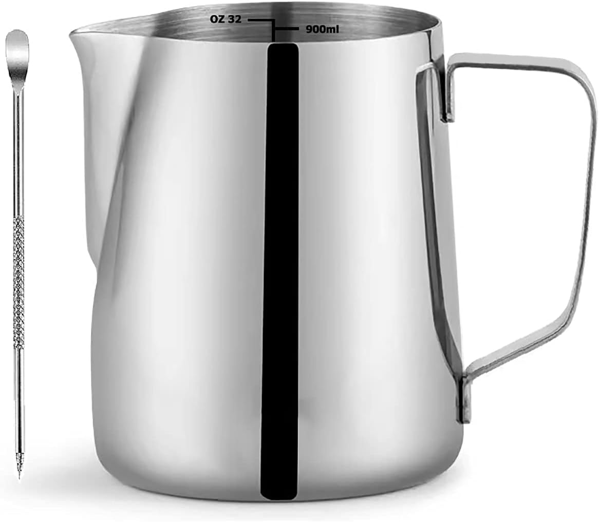 CAMKYDE Stainless Steel Milk Frothing Pitcher 32 oz, Espresso Steaming Pitcher with Decorating Pen for Espresso Machines, Cappuccino, Latte Art A Silver