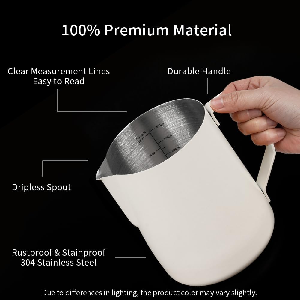watchget Milk Frothing Pitcher 32oz/900ml - Stainless Steel Frothing Pitcher Espresso Steaming Pitcher Coffee Frother Cup Cappuccino Latte Art Coffee Machine Accessories Milk Jug, Creamy White
