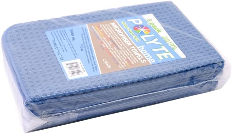 POLYTE Ultra Premium Microfiber Kitchen Dish Hand Towel Waffle Weave, 8 Pack (16x28 in, Blue)