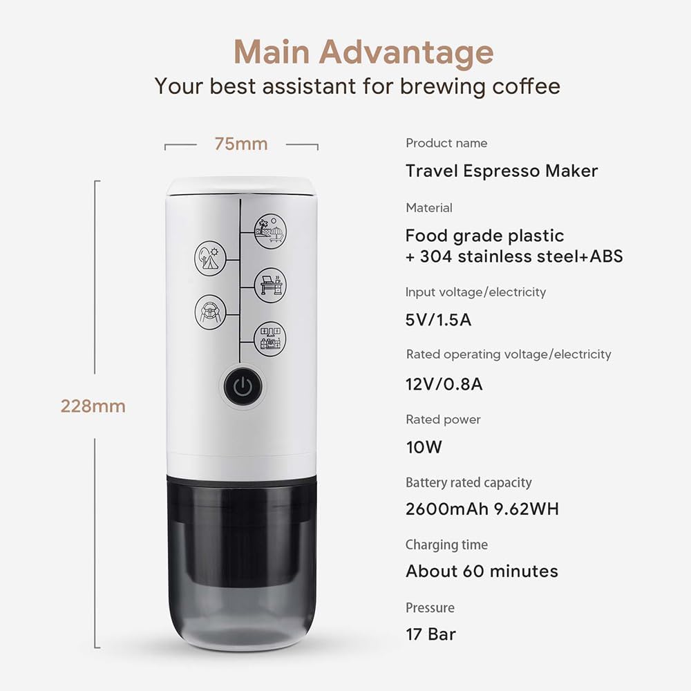 BENFUCHEN 3-in-1 Portable Espresso Machine With NO Heating Function, Type-C Charging Electric Espresso Maker, 17 Bar Mini Coffee Maker For N ESPRESSO/DolceGustoPods & Ground Coffee On the Go, White