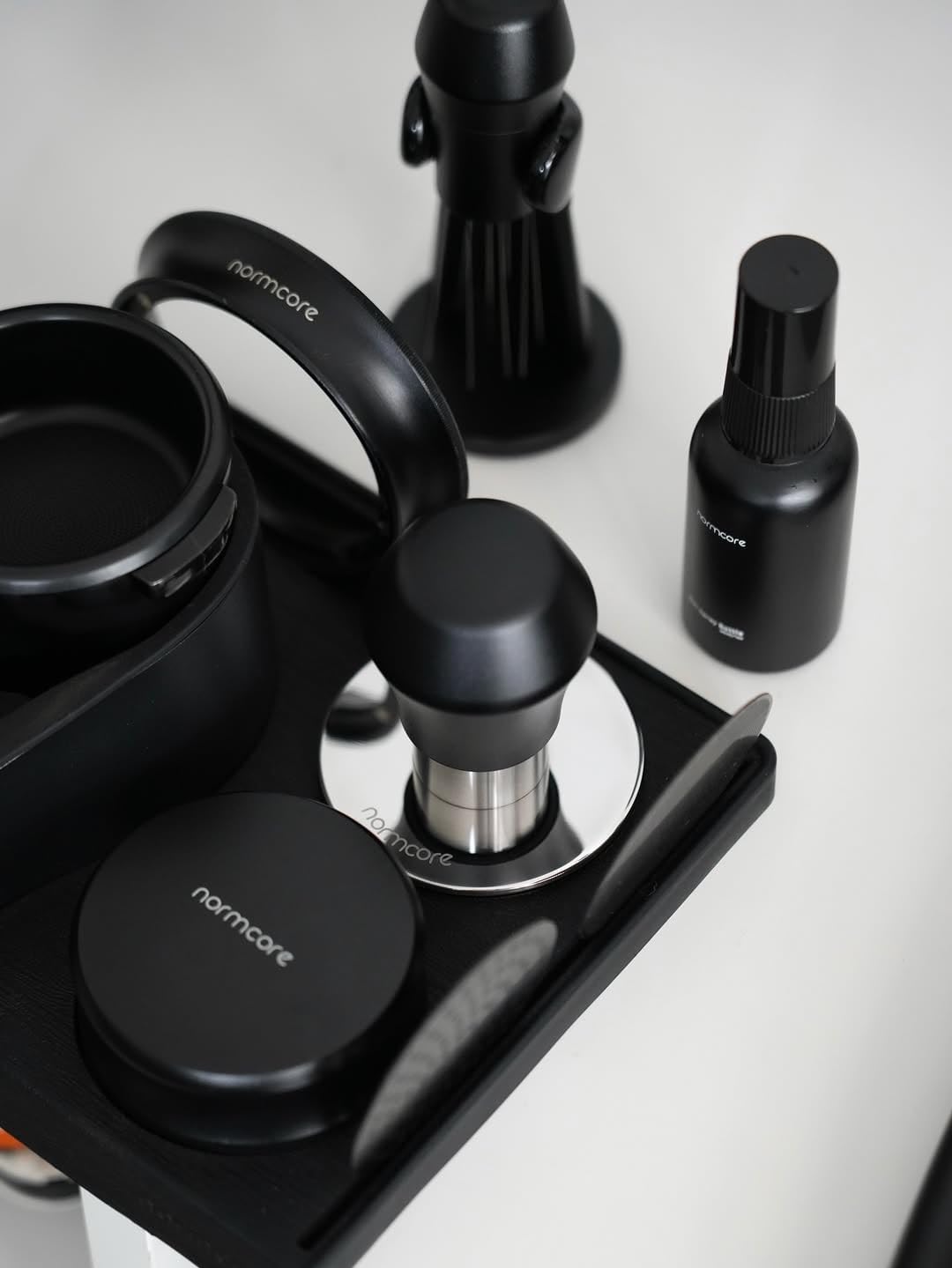 Normcore 58.5mm Coffee Tamper V4.1 Mini, Spring-Loaded with Click Feedback, Self-Leveling Stainless Steel Flat Baffle, Compatible with 58mm Espresso Machines Portafilter, Black