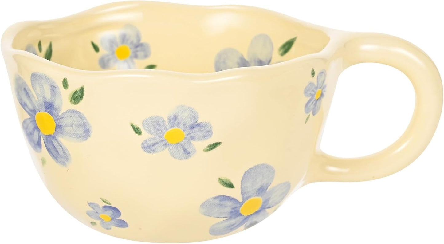 Ceramic Coffee Mug Vintage Flower Mugs 8 oz Cute Floral Coffee Mugs Irregular Latte Art Cup Lead-free Porcelain Cups for Cappuccino, Cocoa (Blue Flowers)