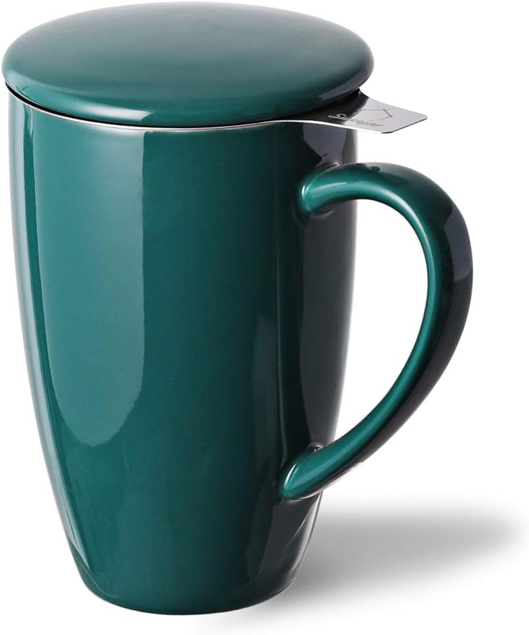 Sweejar Porcelain Tea Infuser Mug with Lid, 16 oz Teacup with Strainers for Loose Leaf Tea, Microwave and Dishwasher Safe Coffee Mug(New Jade)