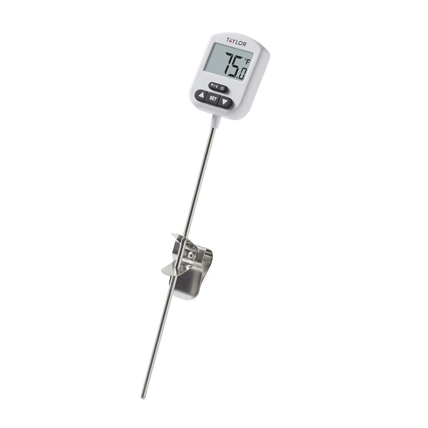 Taylor Programmable Digital Candy and Deep Fry Thermometer with Green Light Alert Display, Long Stem, and Adjustable Pan Clip, White
