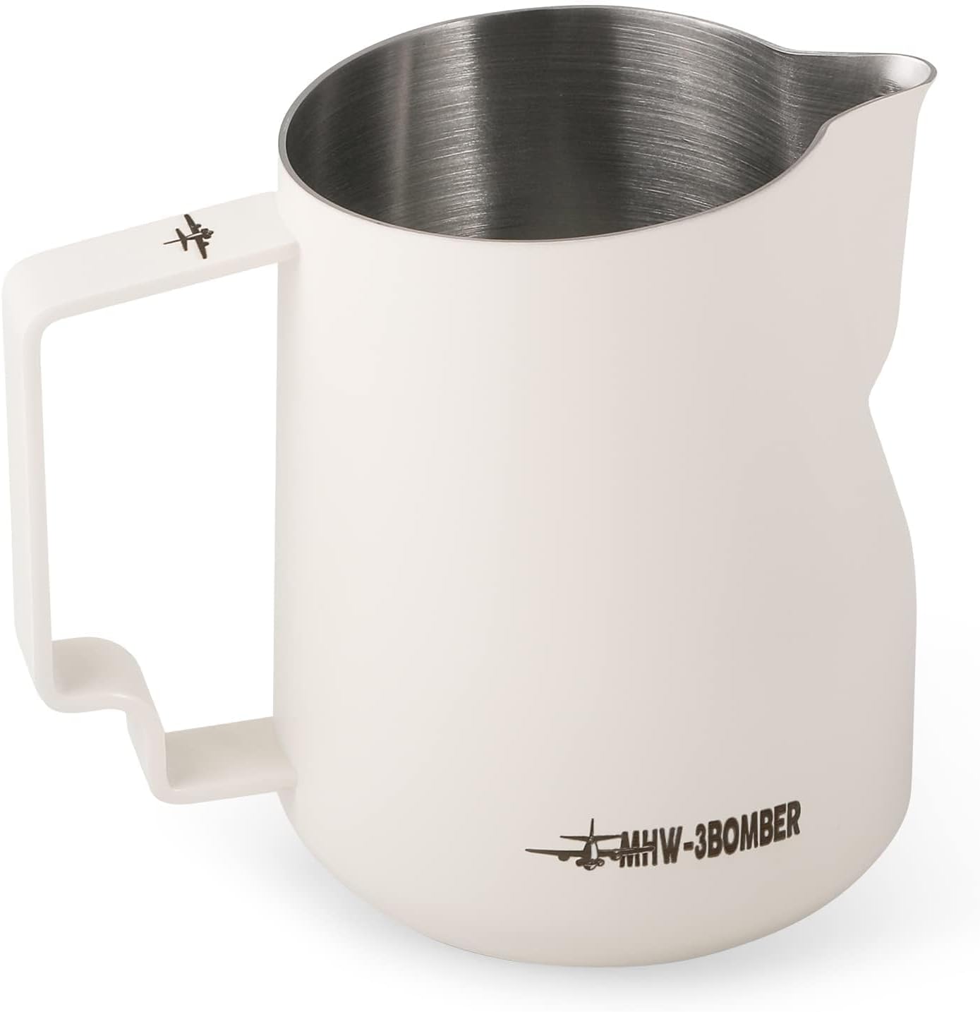 MHW-3BOMBER Milk Frothing Pitcher 520ml/17.6oz Milk Frother Cup Espresso Steaming Pitcher Stainless Steel Milk Frother Cup Barista Latte Art Round Spout Milk Jug, Cream white P6019W-OS