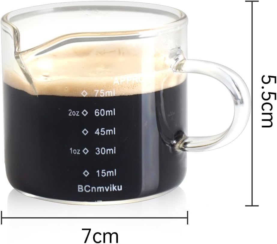 BCnmviku 2 PACK Espresso Glass Measuring Cup Triple Pitcher Milk Cup 75ML Espresso Cups with Handle Shot Glass with V-Shaped Mouth Clear Accessories Milk Frothing Pitcher (2)