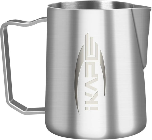 IKAPE Espresso Milk Pitcher, Espresso Steaming Pitcher with Sharp Spout for Espresso Barista Tool, 15.4 oz / 450ml Milk Frothing Jug (Silver)