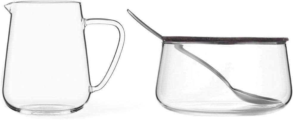 Viva Classic Glass Creamer and Sugar Set - Coffee and Tea Serving Set - Cream Pitcher 9.5 oz / 280ml and Sugar Bowl 12 oz / 350 ml with Cork Lid and Metal Spoon, Milk and Sugar for Coffee Bar